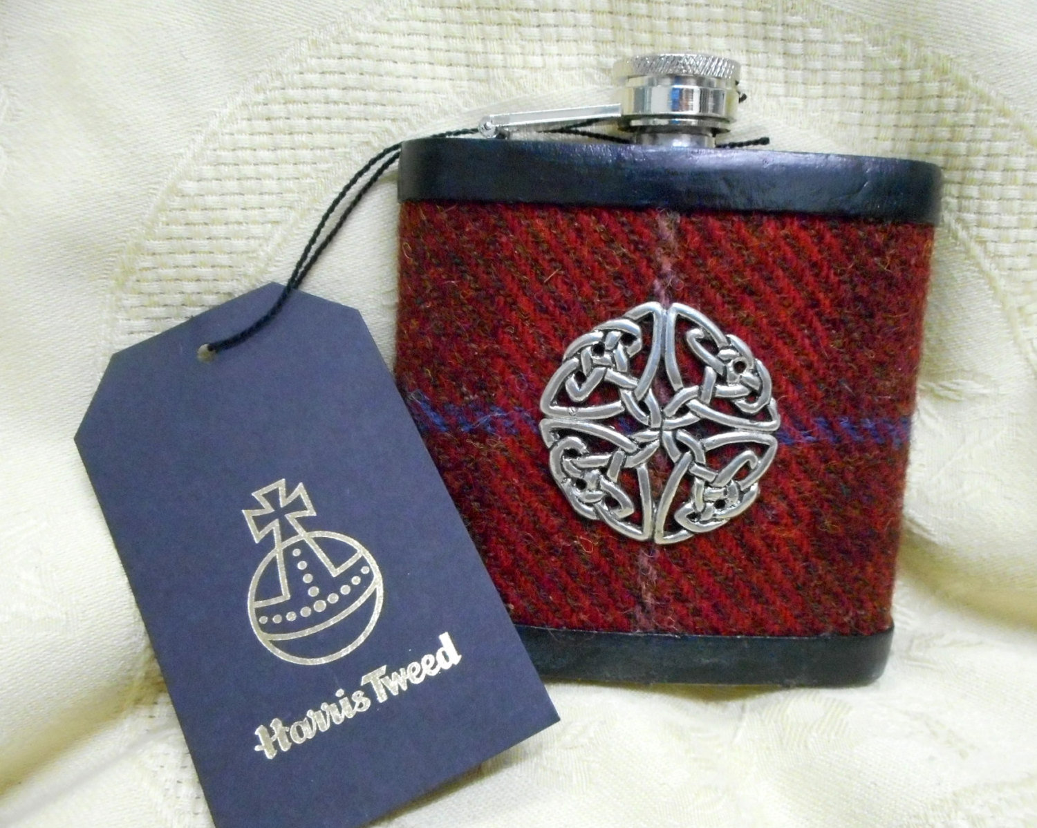 Harris Tweed Celtic red brown and blue hip flask, mens Scottish gift , ideal for best man ,usher, groomsman at weddings, or birthday present, made in Scotland  UK