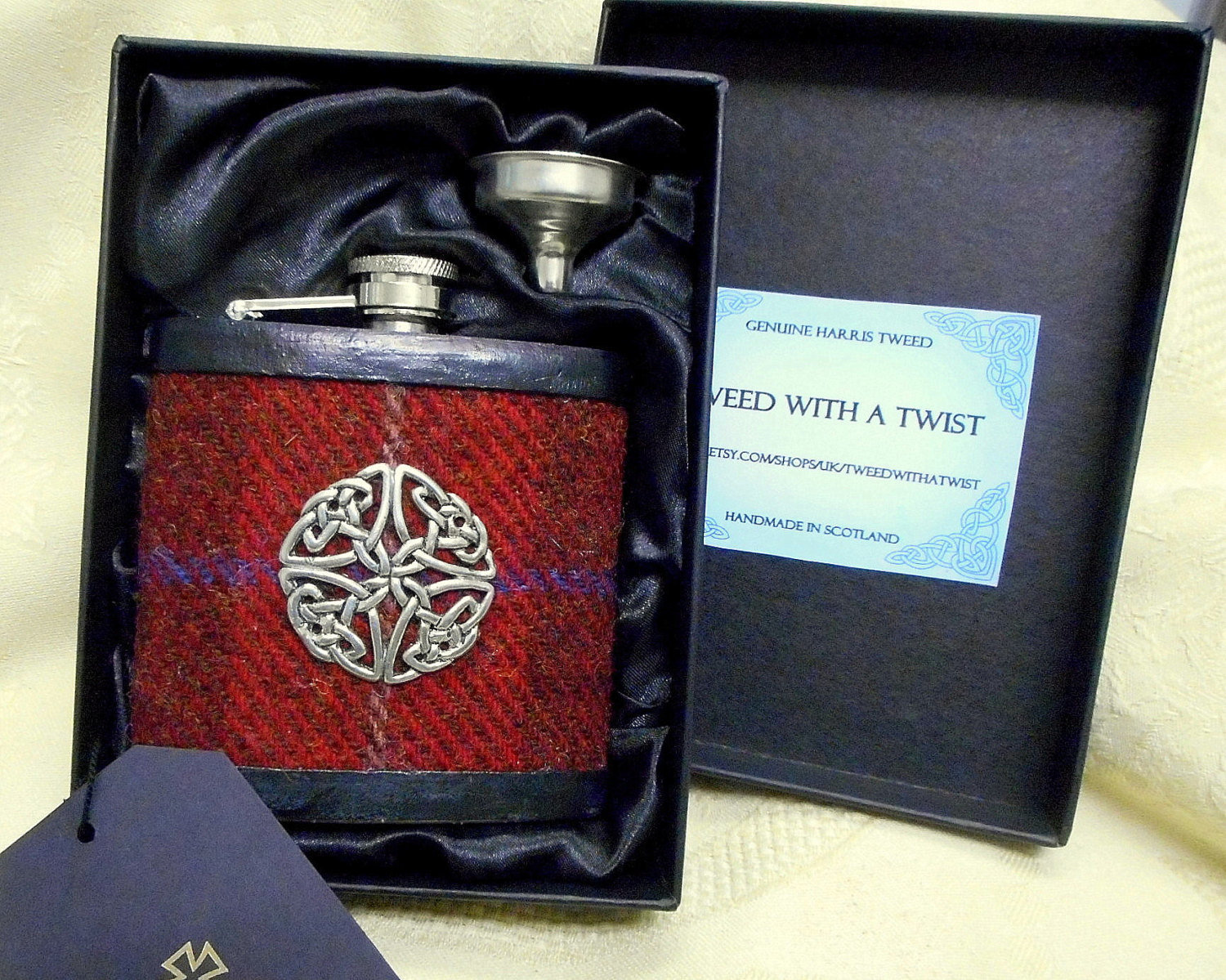 Harris Tweed Celtic red brown and blue hip flask, mens Scottish gift , ideal for best man ,usher, groomsman at weddings, or birthday present, made in Scotland  UK