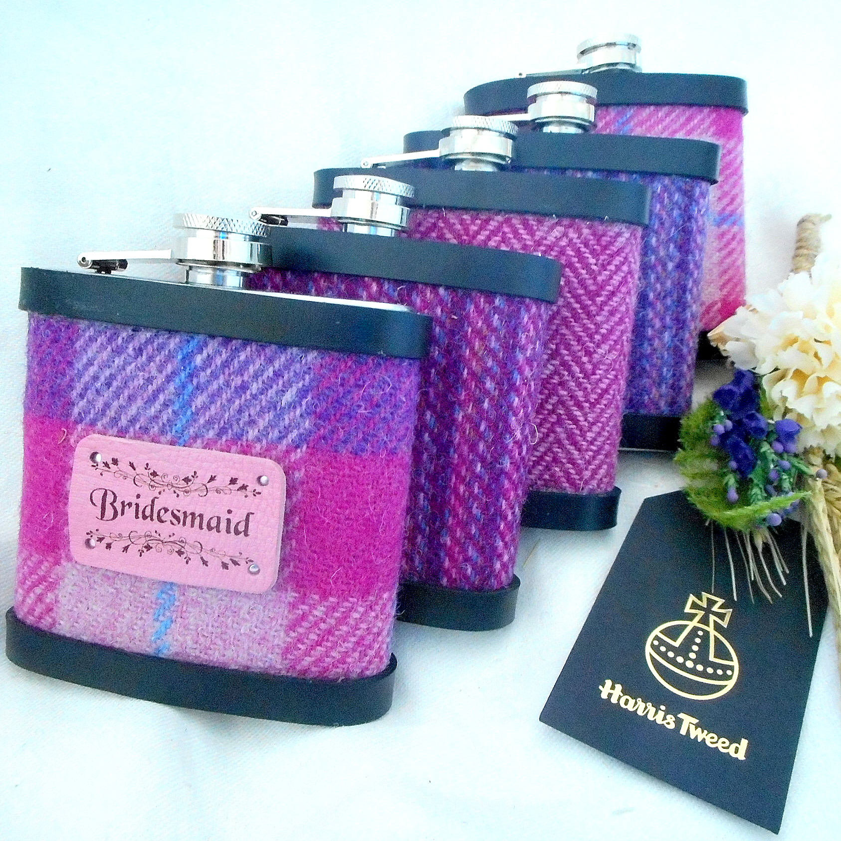 Bridesmaids-gifts-harris-tweed-hip-flasks-pink-personalised-quality-luxury