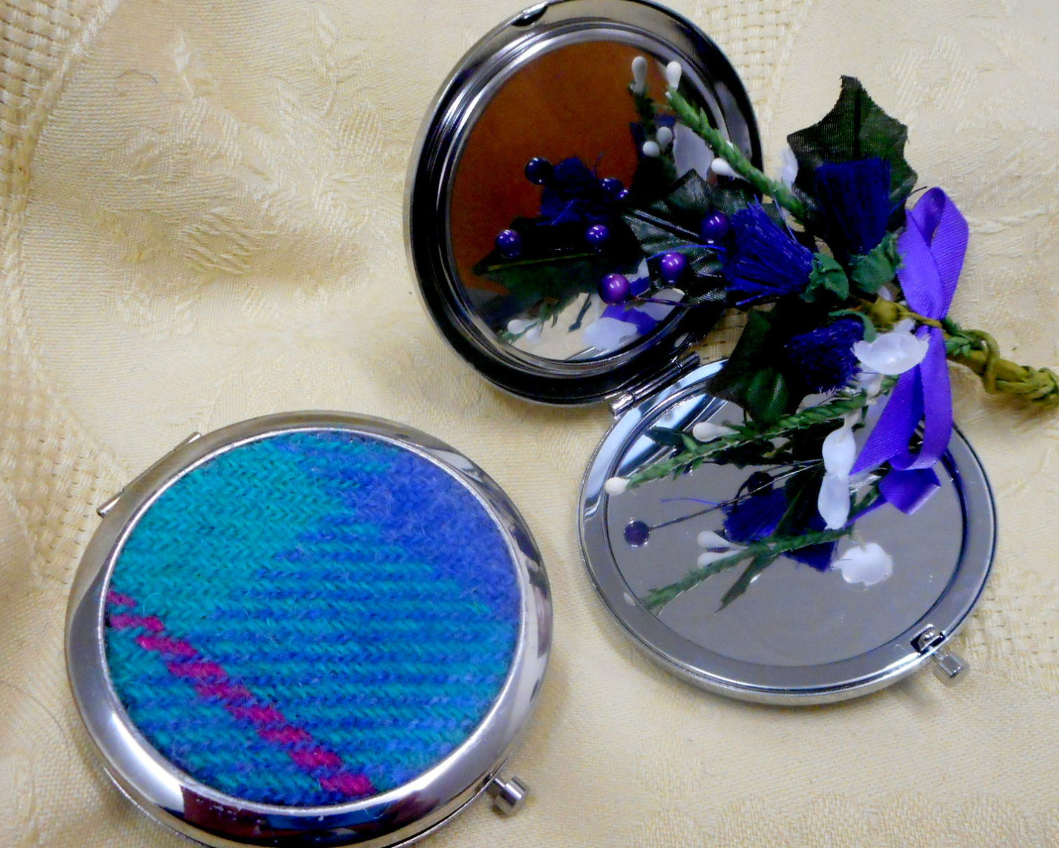 Mirror compact Jade Green and blue Harris Tweed,  womens gift, handbag accessory, for Mother, sister, best friend, silver round made in Scotland UK