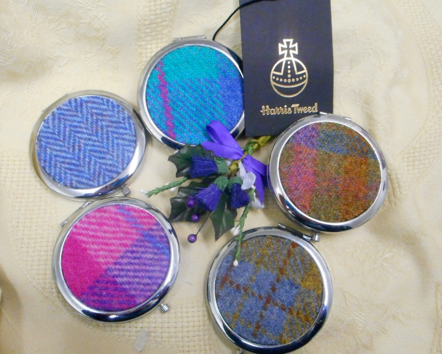 Compact Mirror Pink and purple Harris Tweed Scottish womens gift, handbag or pocket accessory, round silver plated made in Scotland UK