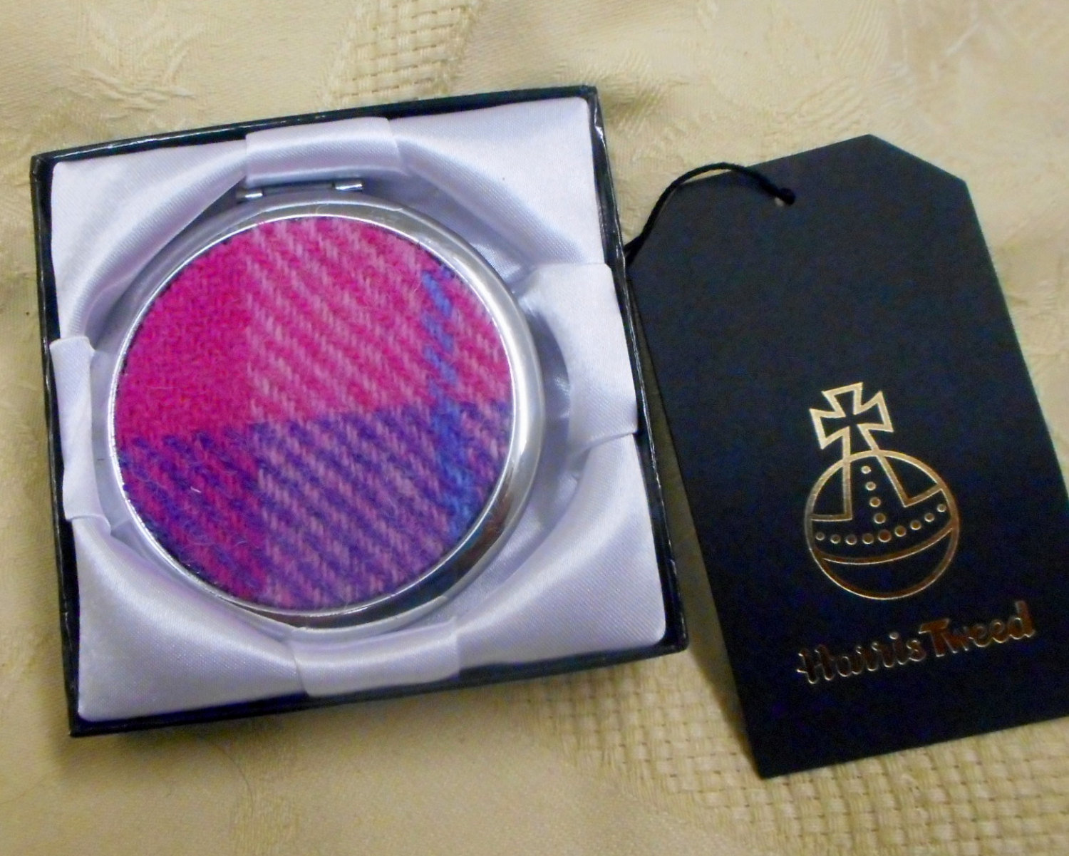 Compact Mirror Pink and purple Harris Tweed Scottish womens gift, handbag or pocket accessory, round silver plated made in Scotland UK