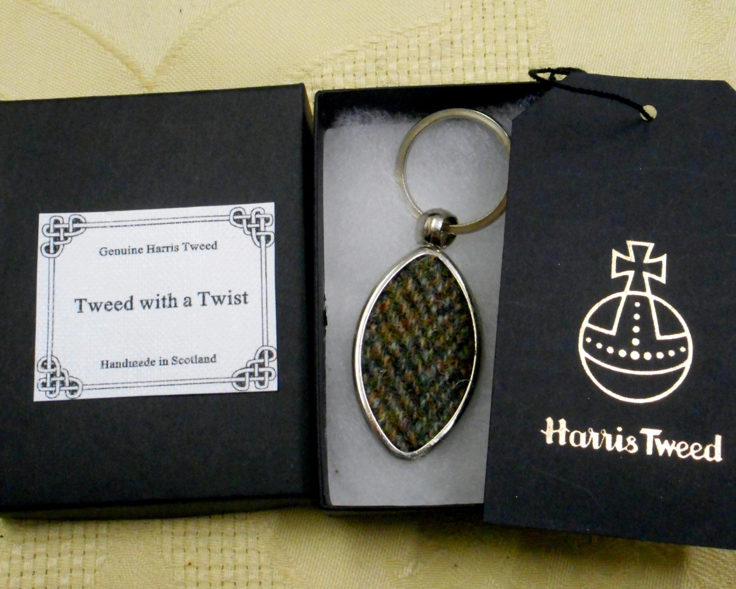 Harris Tweed Rugby keyring herringbone weave key fob in box , ideal wedding favour , fathers day gift for men, made in Scotland , Scottish sports key chain ring