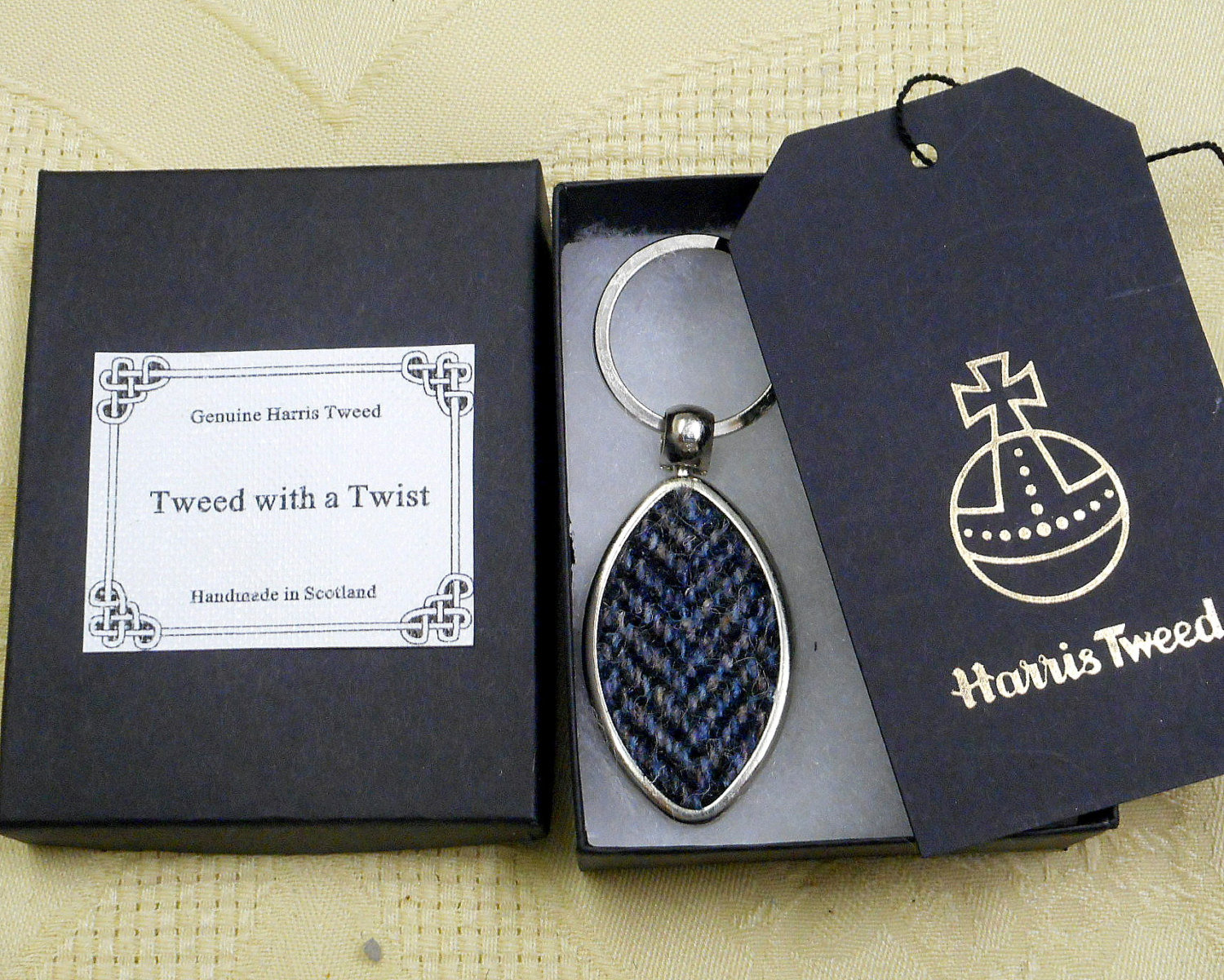 Harris Tweed Rugby keyring herringbone weave key fob in box , ideal wedding favour , fathers day gift for men, made in Scotland , Scottish sports key chain ring