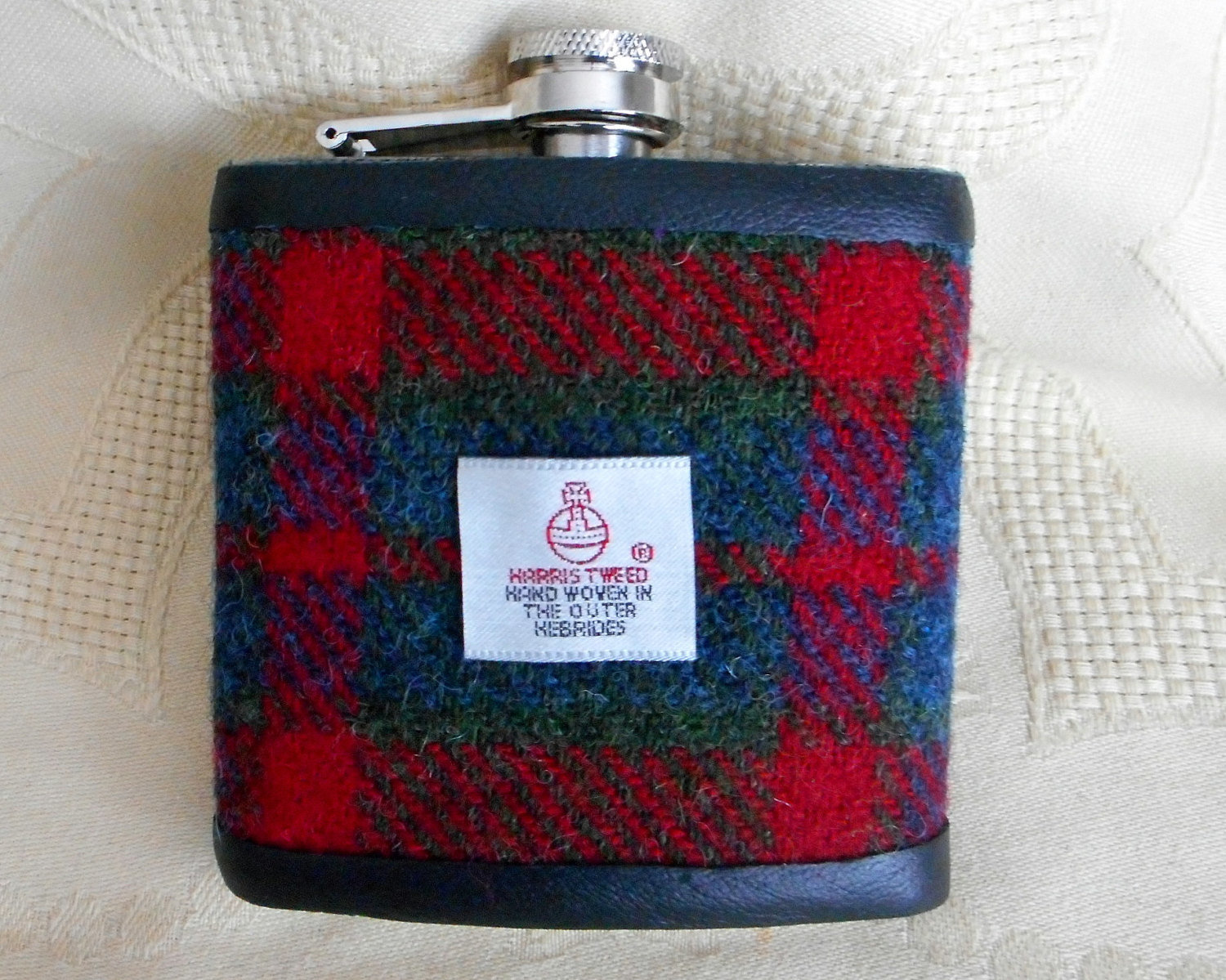 Harris Tweed hip flask red green blue plaid tartan mens gift retirement gift best man usher groomsman birthday 21st made in Scotland  UK