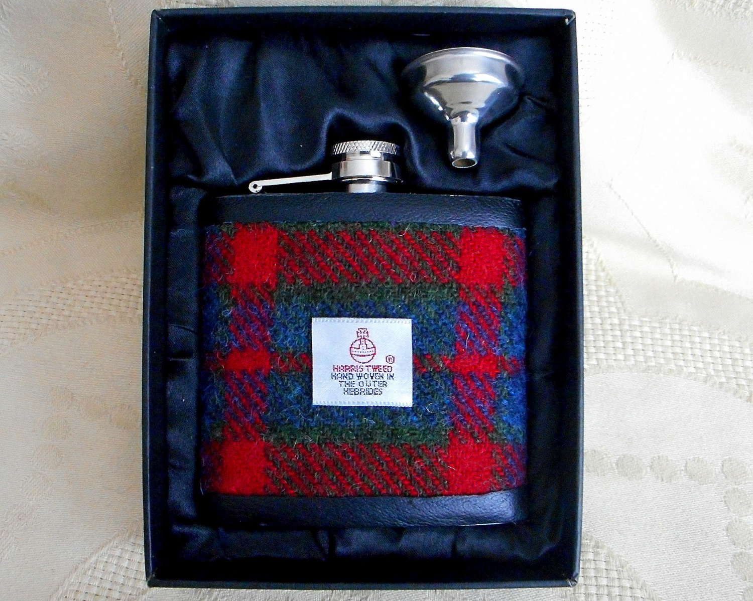 Harris Tweed hip flask red green blue plaid tartan mens gift retirement gift best man usher groomsman birthday 21st made in Scotland  UK