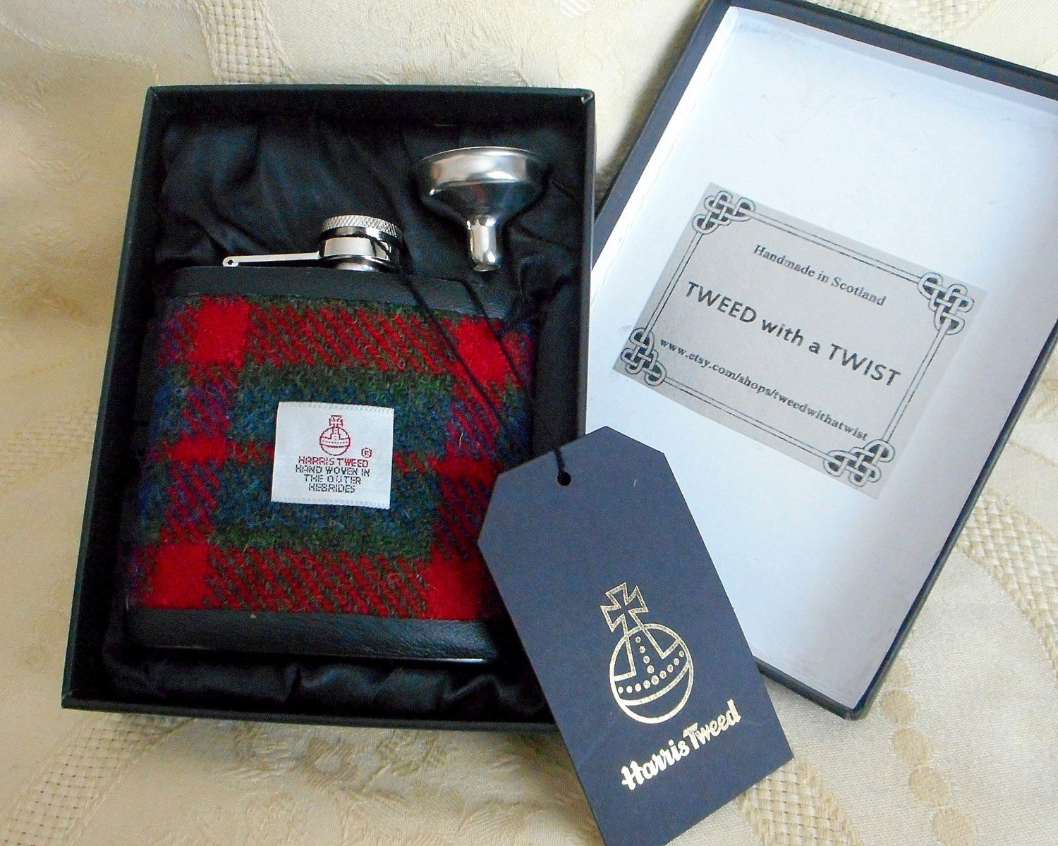 Harris Tweed hip flask red green blue plaid tartan mens gift retirement gift best man usher groomsman birthday 21st made in Scotland  UK