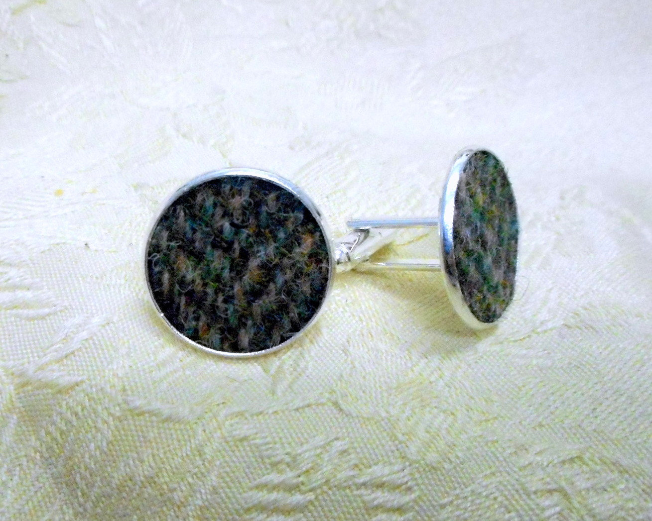 Harris Tweed cuff links olive green herringbone made in Scotland traditional clothing accessories cufflinks  weddings groomsman gift for men