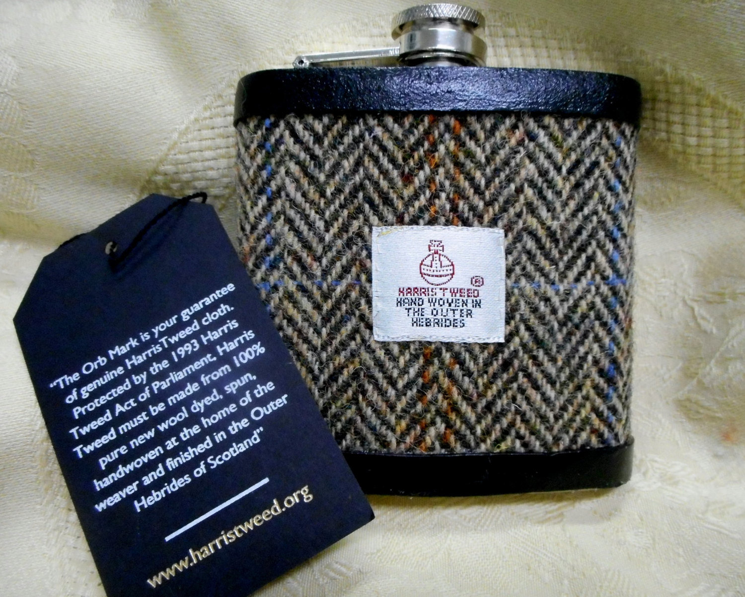 Harris Tweed hip flask with traditional brown beige blue herringbone mens gift for retirement best man usher groomsman or birthday made in Scotland