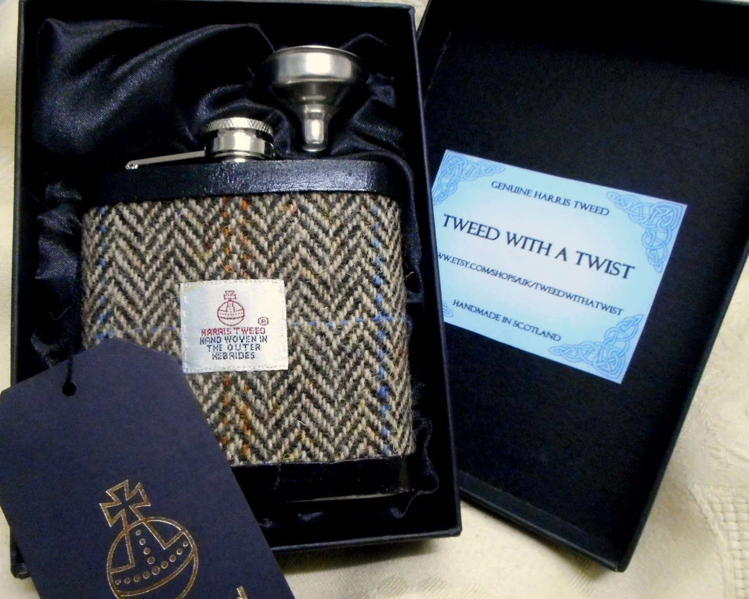 Harris Tweed hip flask with traditional brown beige blue herringbone mens gift for retirement best man usher groomsman or birthday made in Scotland