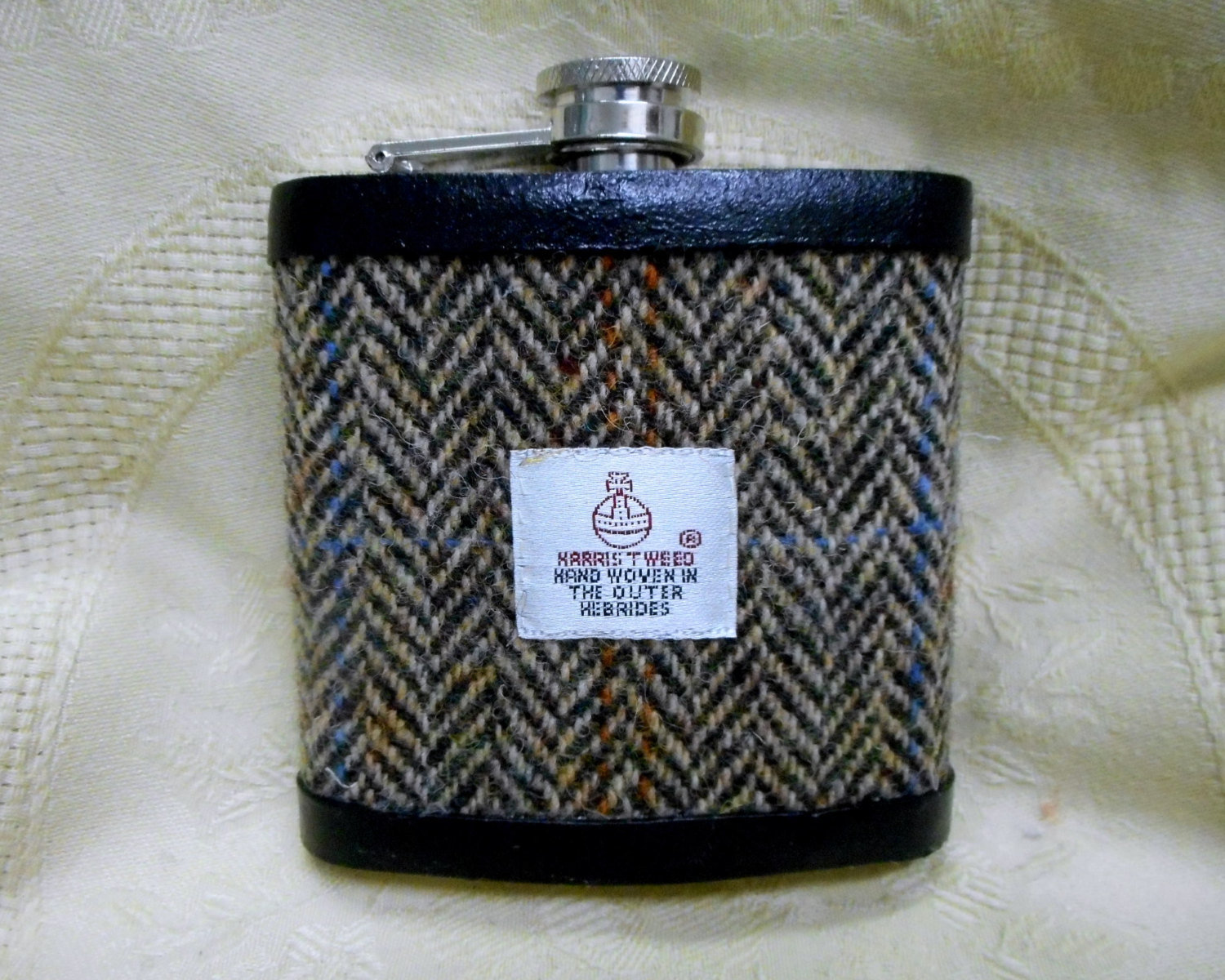 Harris-tweed-hip-flask-brown-herringbone-groomsman-best-man-gift-wedding