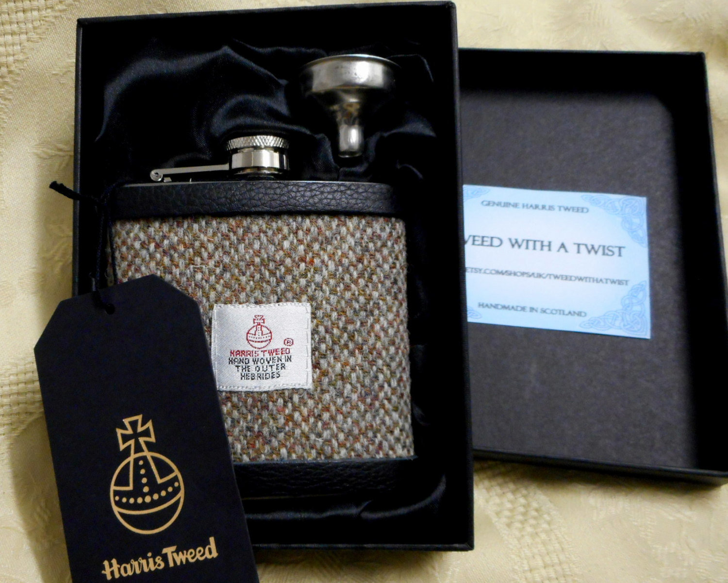 Oatmeal barleycorn Harris Tweed hip flask Scottish mens gift for Christmas,  retirement ,  birthday,  made in Scotland  UK