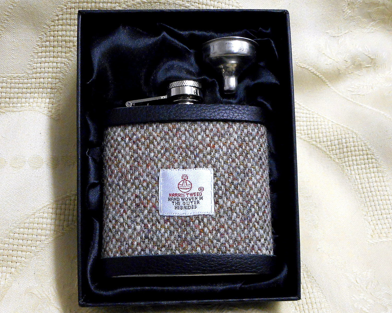 Oatmeal barleycorn Harris Tweed hip flask Scottish mens gift for Christmas,  retirement ,  birthday,  made in Scotland  UK