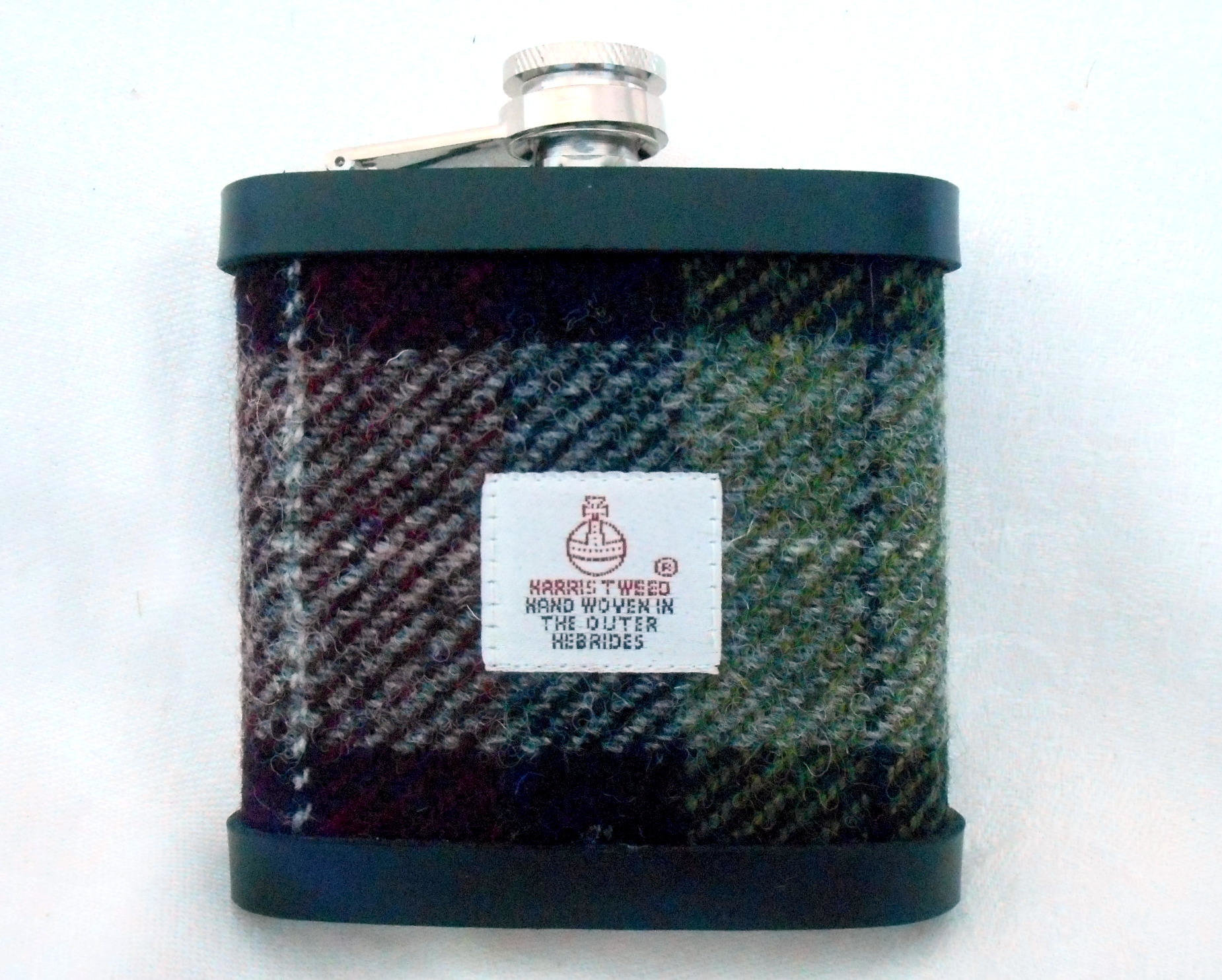 Harris Tweed hip flask deep red olive green and black mens gift made in scotland, ideal retirement birthday christmas present.