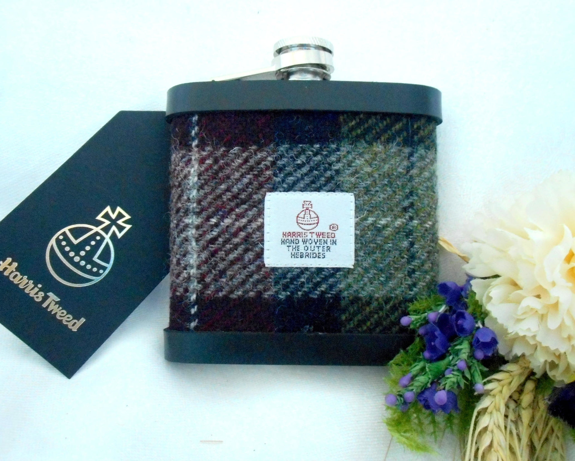 Harris Tweed hip flask deep red olive green and black mens gift made in scotland, ideal retirement birthday christmas present.