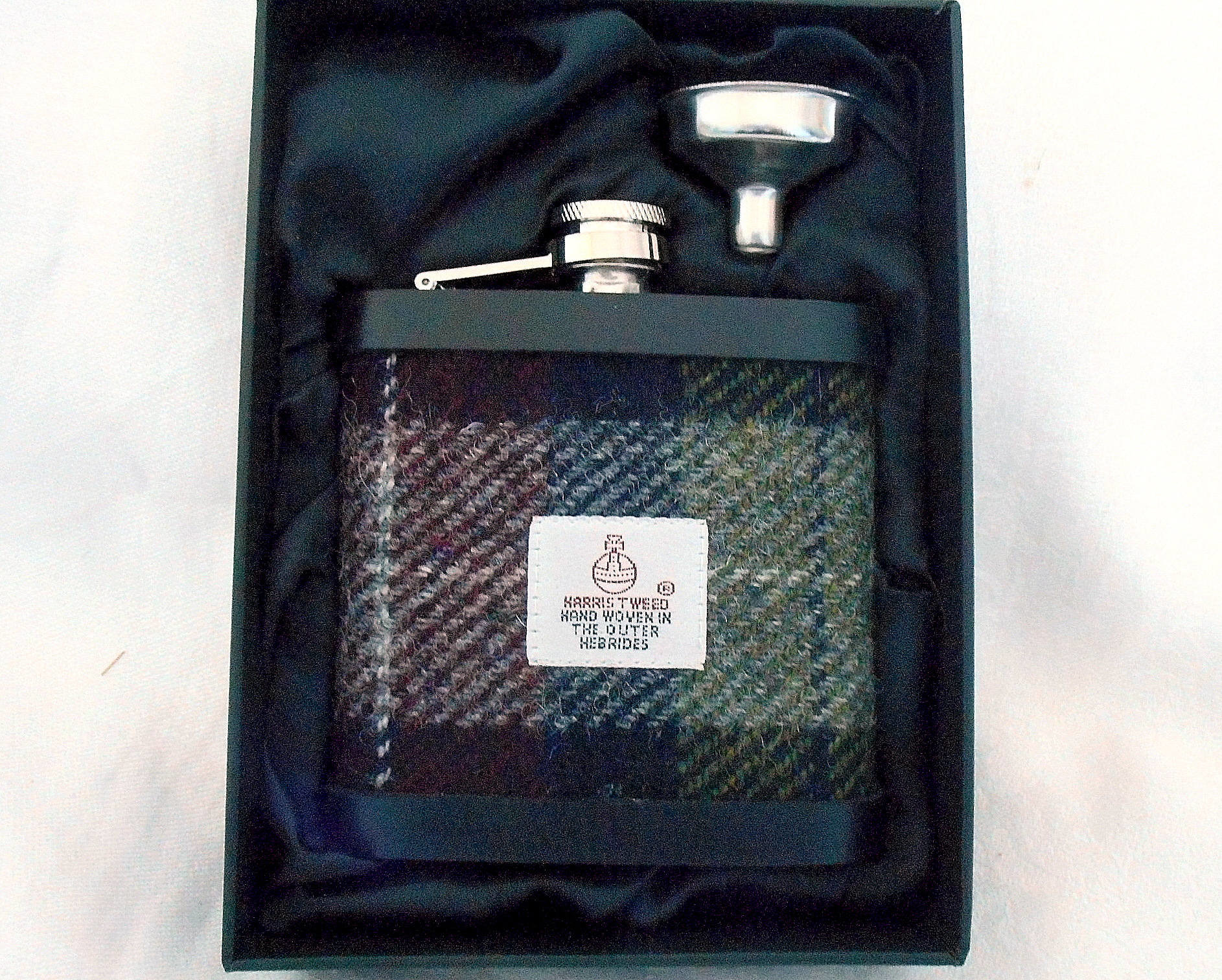 Harris Tweed hip flask deep red olive green and black mens gift made in scotland, ideal retirement birthday christmas present.