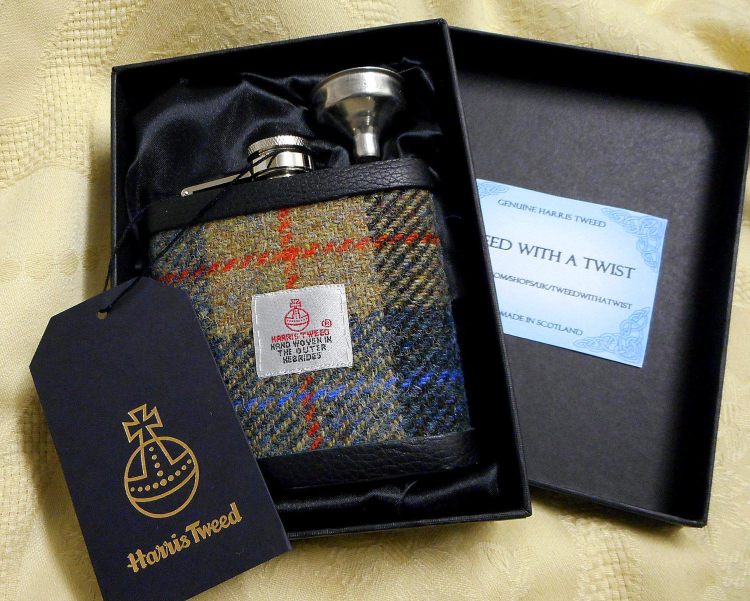 Harris Tweed hip flask beige blue red and black gift for men