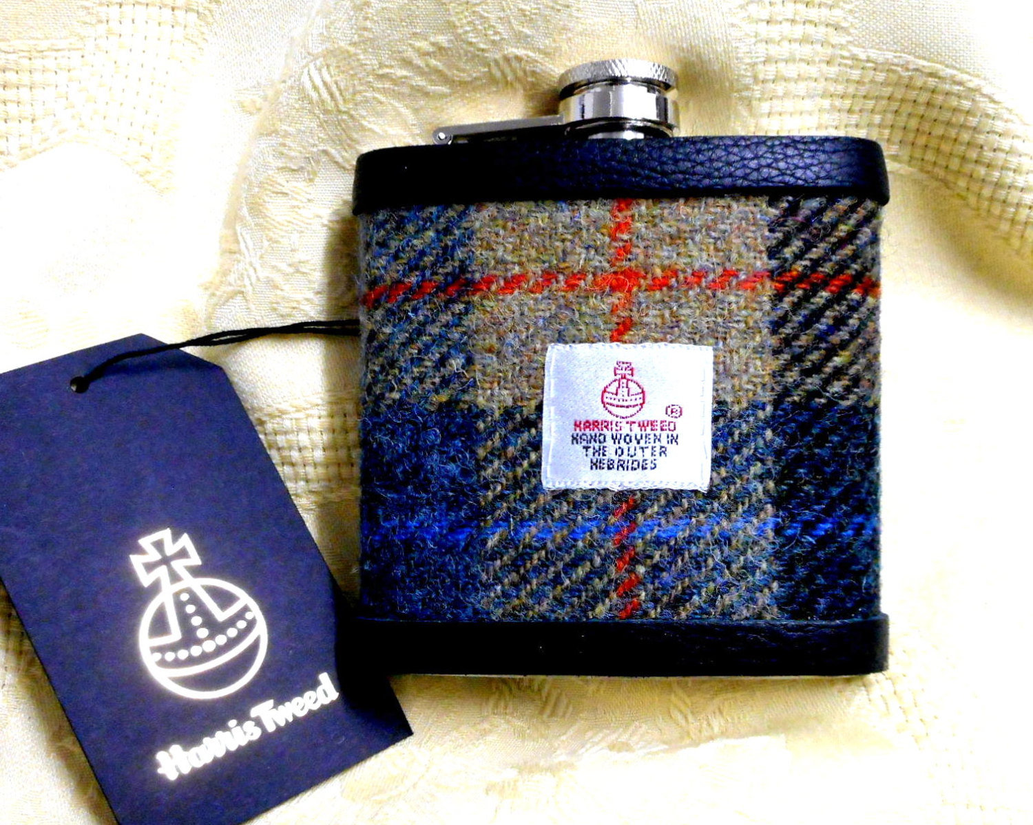 Harris-tweed-hip-flask-beige-blue-red-and-black-tweed-with-a-twist