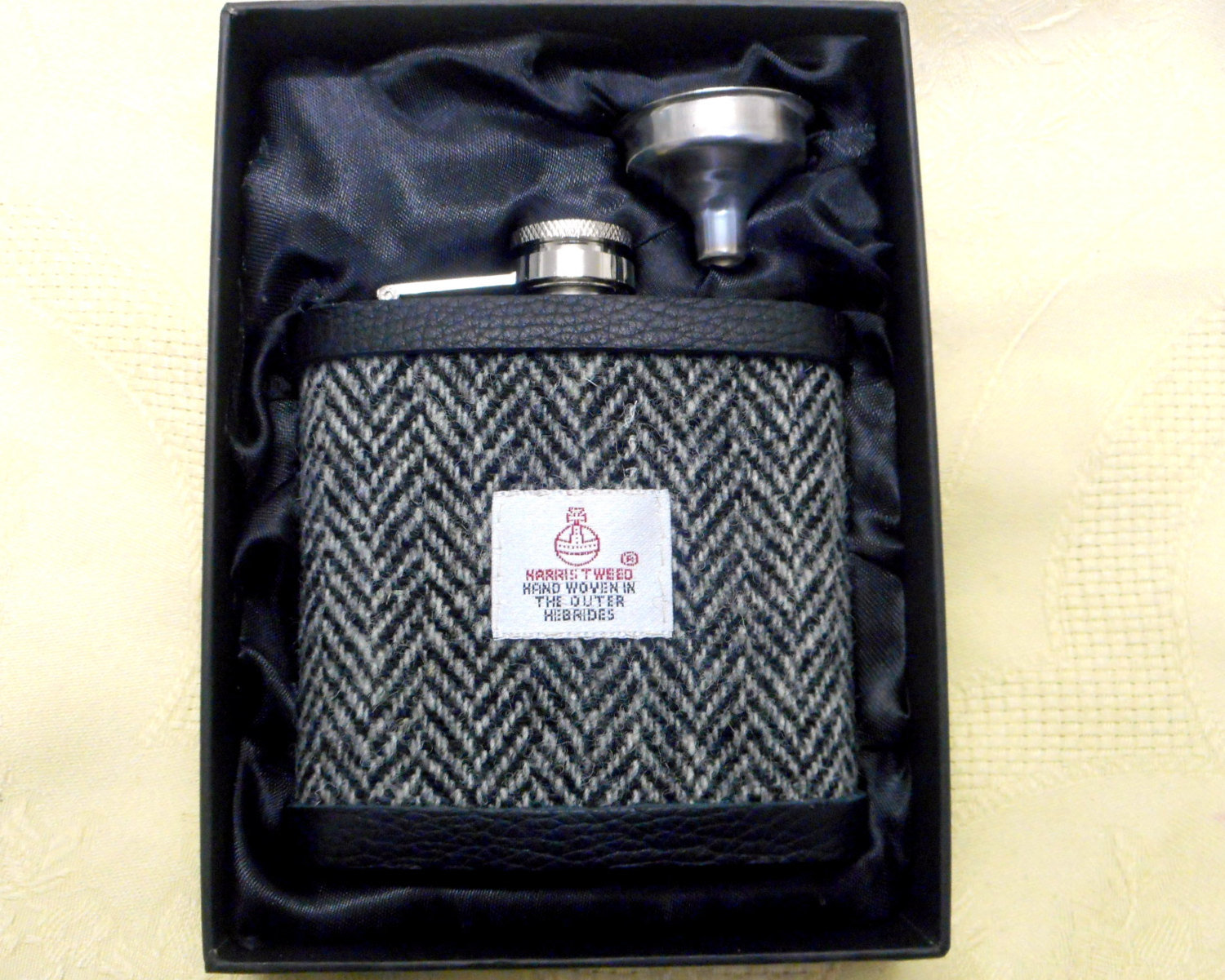 Harris Tweed hip flask in traditional grey and black herringbone mens gift for retirement best man usher groomsman or birthday made in Scotland  UK