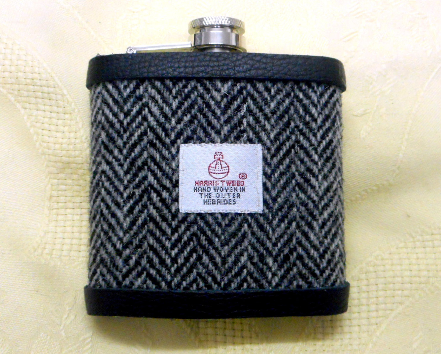 Harris Tweed hip flask in traditional grey and black herringbone mens gift for retirement best man usher groomsman or birthday made in Scotland  UK