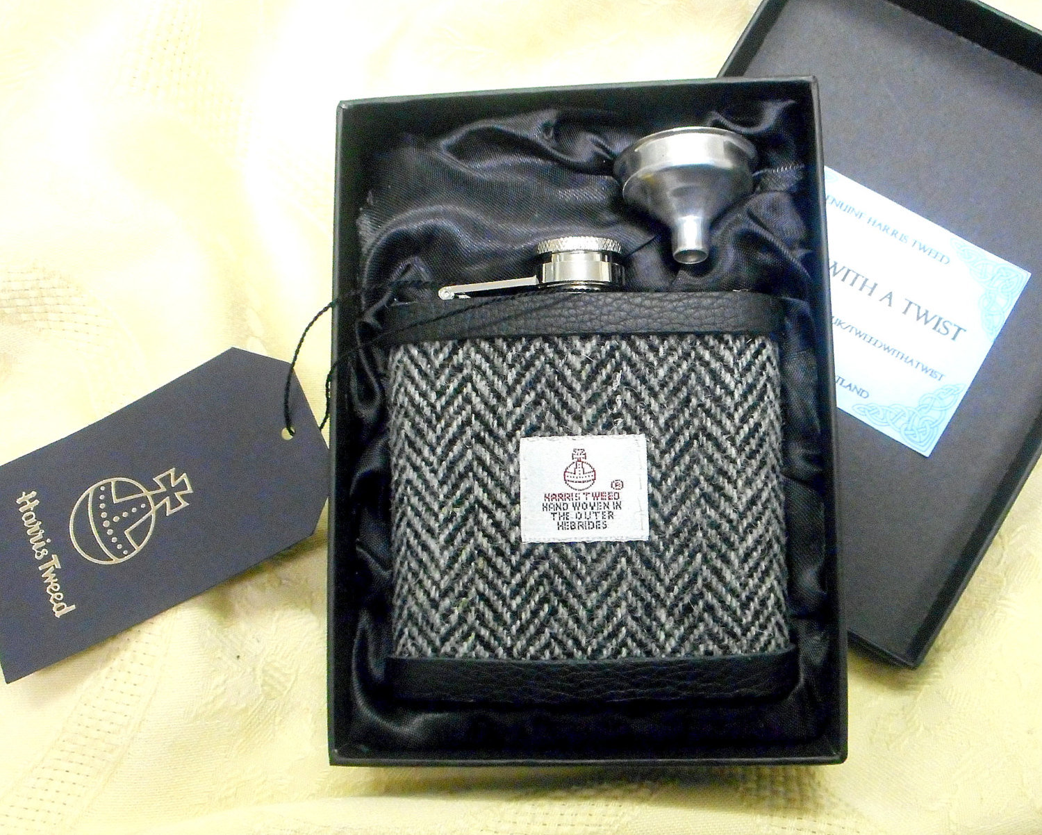 Harris Tweed hip flask in traditional grey and black herringbone mens gift for retirement best man usher groomsman or birthday made in Scotland  UK