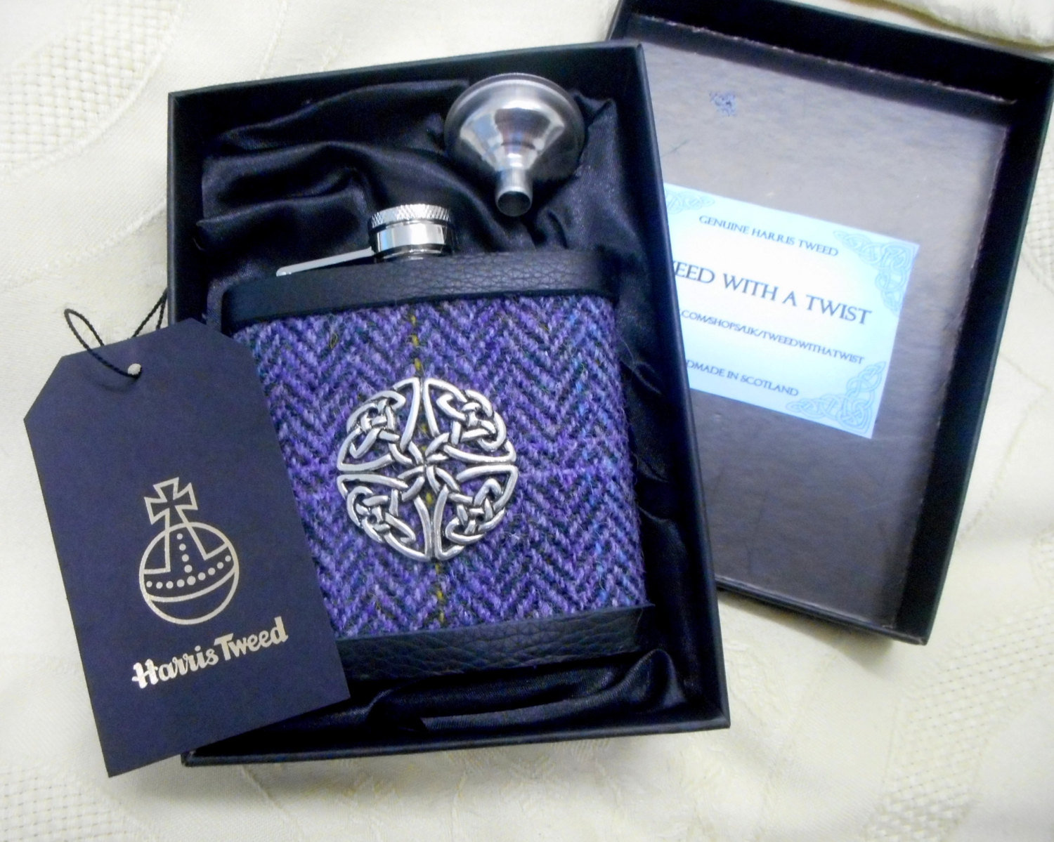 Purple heather Harris Tweed hip flask with celtic knot, herringbone weave,  mens gift retirement , Christmas,  birthday Scottish gift  made in Scotland