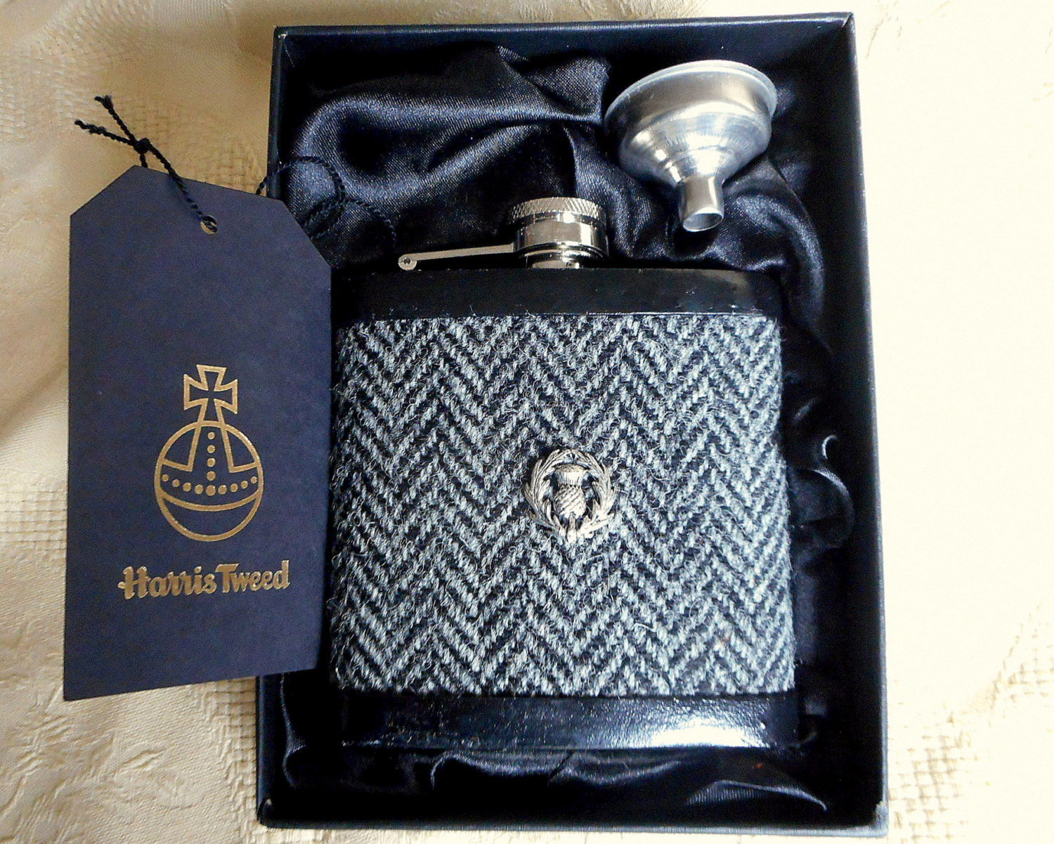 Grey herringbone Harris Tweed hip flask with Scottish thistle, mens gift for retirement, graduation, birthday or Christmas, made in Scotland