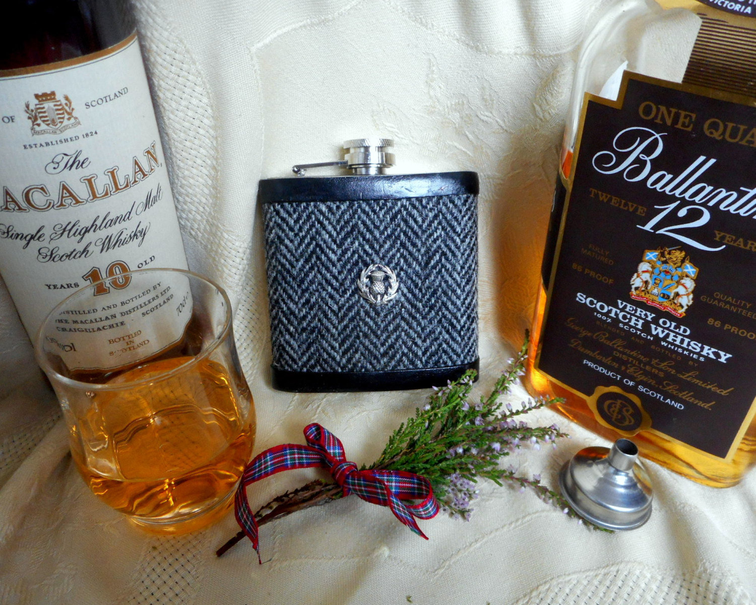 Grey herringbone Harris Tweed hip flask with Scottish thistle, mens gift for retirement, graduation, birthday or Christmas, made in Scotland