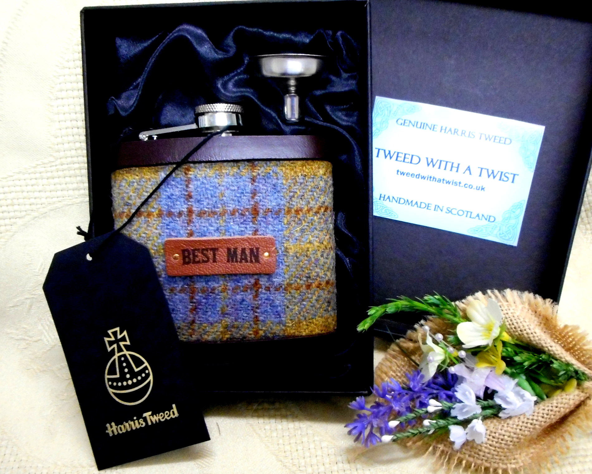 Harris Tweed hip flask Best Man Rustic wedding gift blue and yellow check rural  forest or woodland wedding leather trimmed country theme