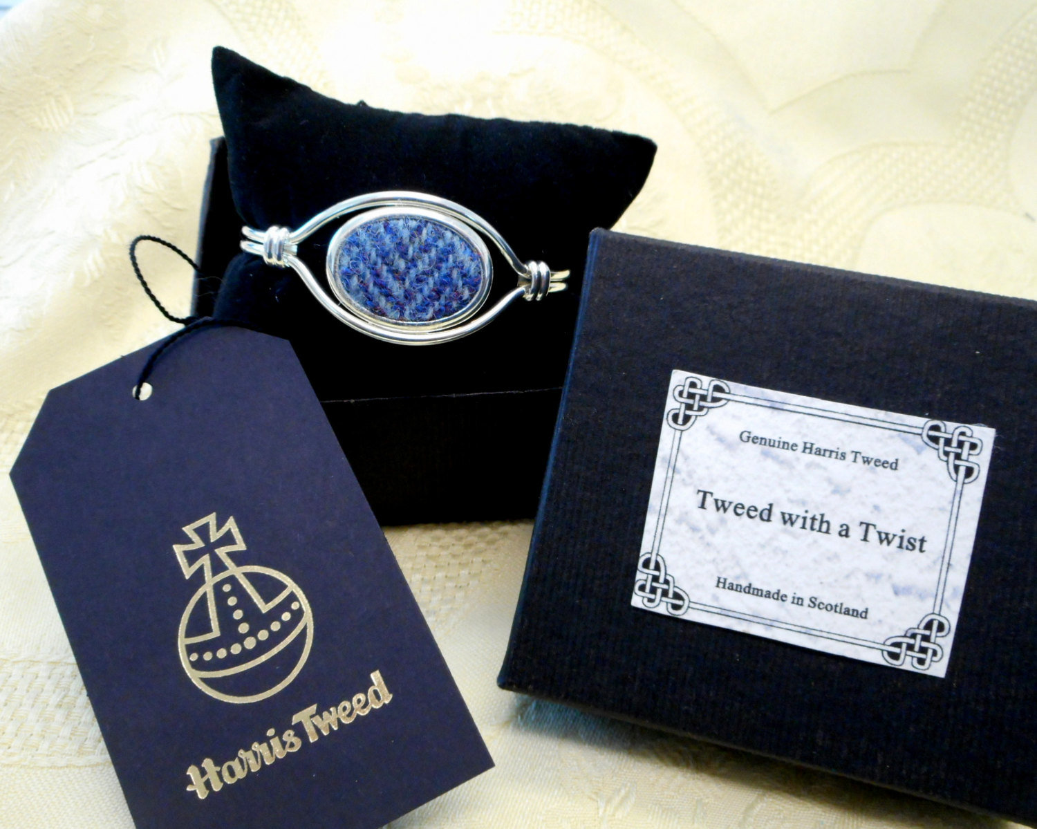 Celtic knot bangle in blue herringbone Harris Tweed, unusual  Scottish Christmas gift for her,  or Bridesmaids present