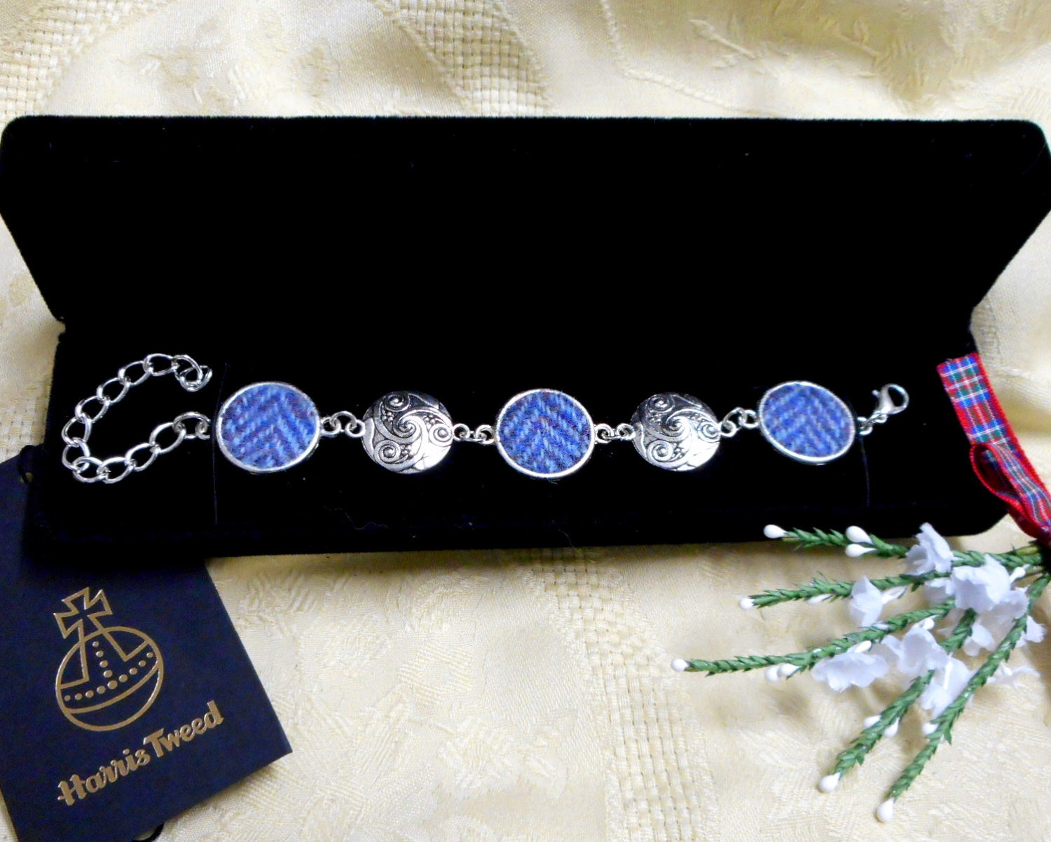 Blue Harris Tweed herringbone bracelet celtic spiral, made in Scotland womens gift bridesmaid jewellery mothers day , Christmas or birthday Scottish gift