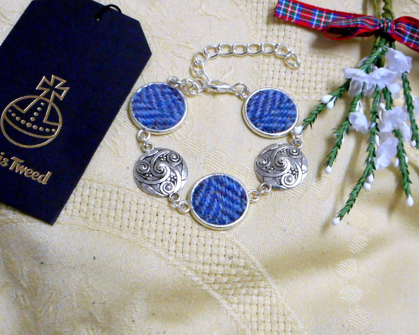 Blue Harris Tweed herringbone bracelet celtic spiral, made in Scotland womens gift bridesmaid jewellery mothers day , Christmas or birthday Scottish gift