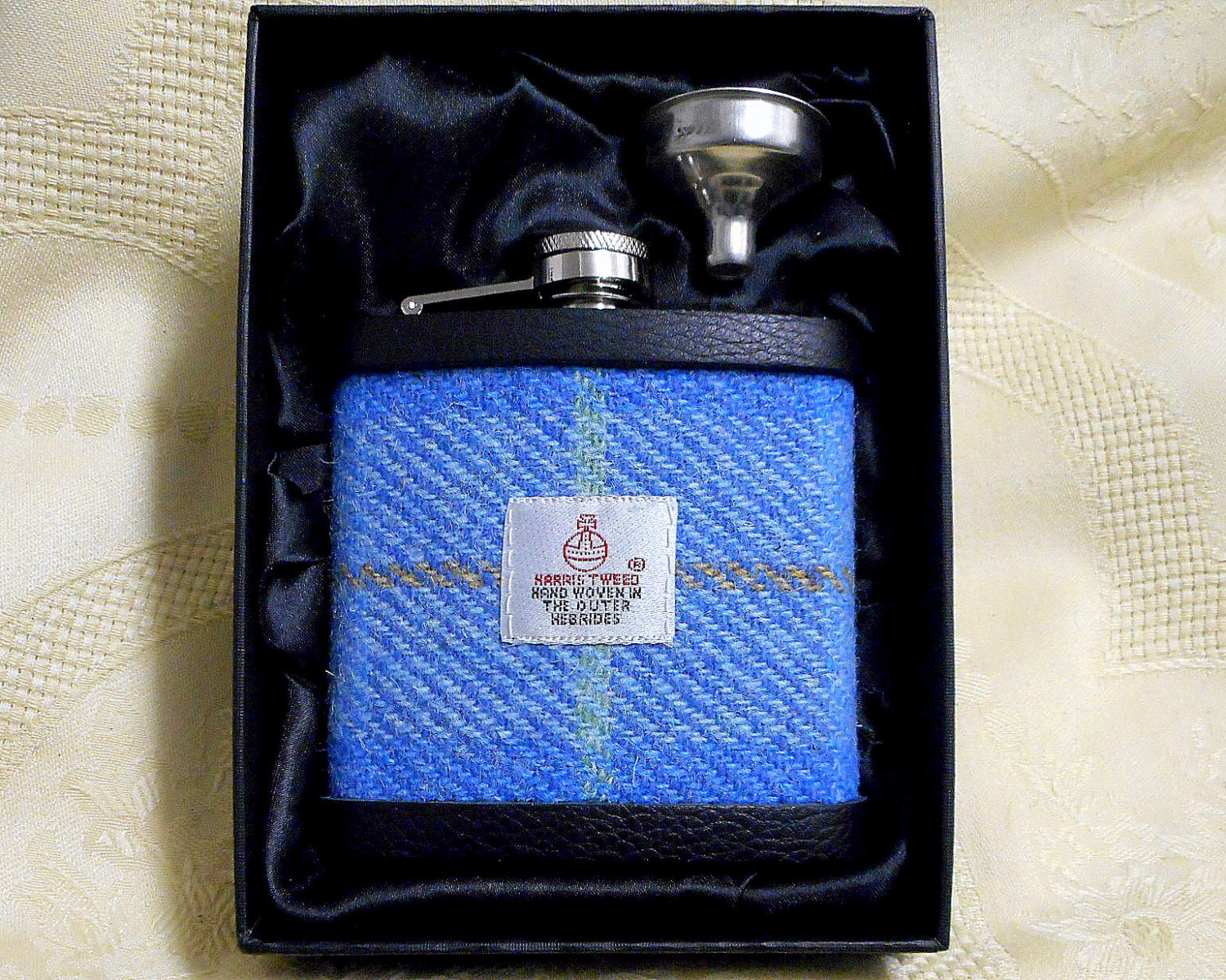 Harris Tweed hip flask sky blue lime and peach mens gift retirement best man usher groomsmen birthday 21st made in Scotland  UK