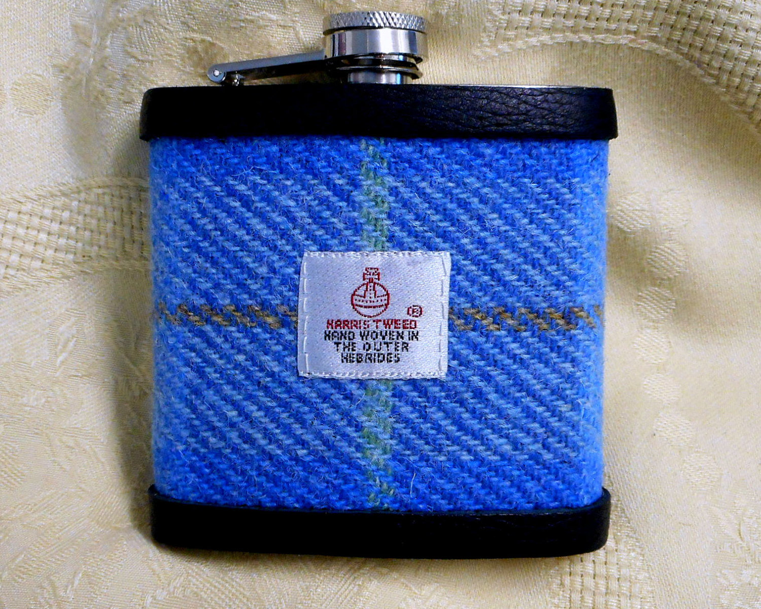 Harris Tweed hip flask sky blue lime and peach mens gift retirement best man usher groomsmen birthday 21st made in Scotland  UK