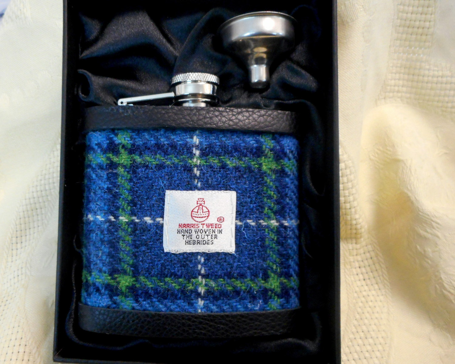 Harris Tweed hip flask in blue white and green plaid , made in Scotland, Scottish gift for best man, usher, groomsman, birthday or christmas