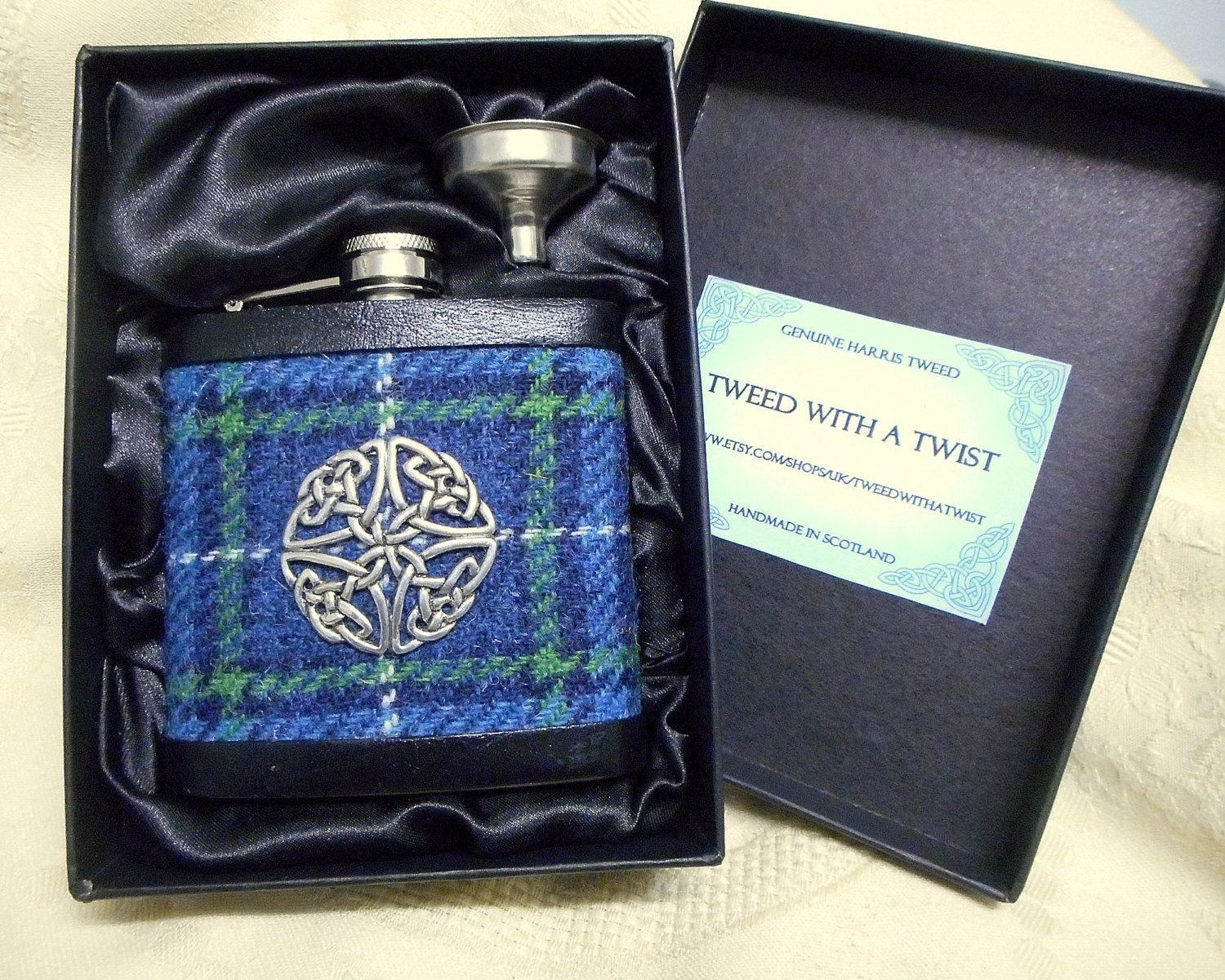 Harris Tweed hip flask in Isle of Harris tartan with Celtic knot , Scottish Christmas gift, or best man usher groomsman wedding favour,retirement or birthday, made in Scotland  UK