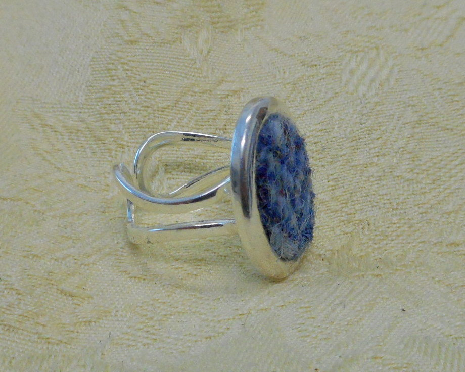 Harris Tweed blue herringbone ring adjustable, silver plated womens statement jewellery , Christmas or birthday gift