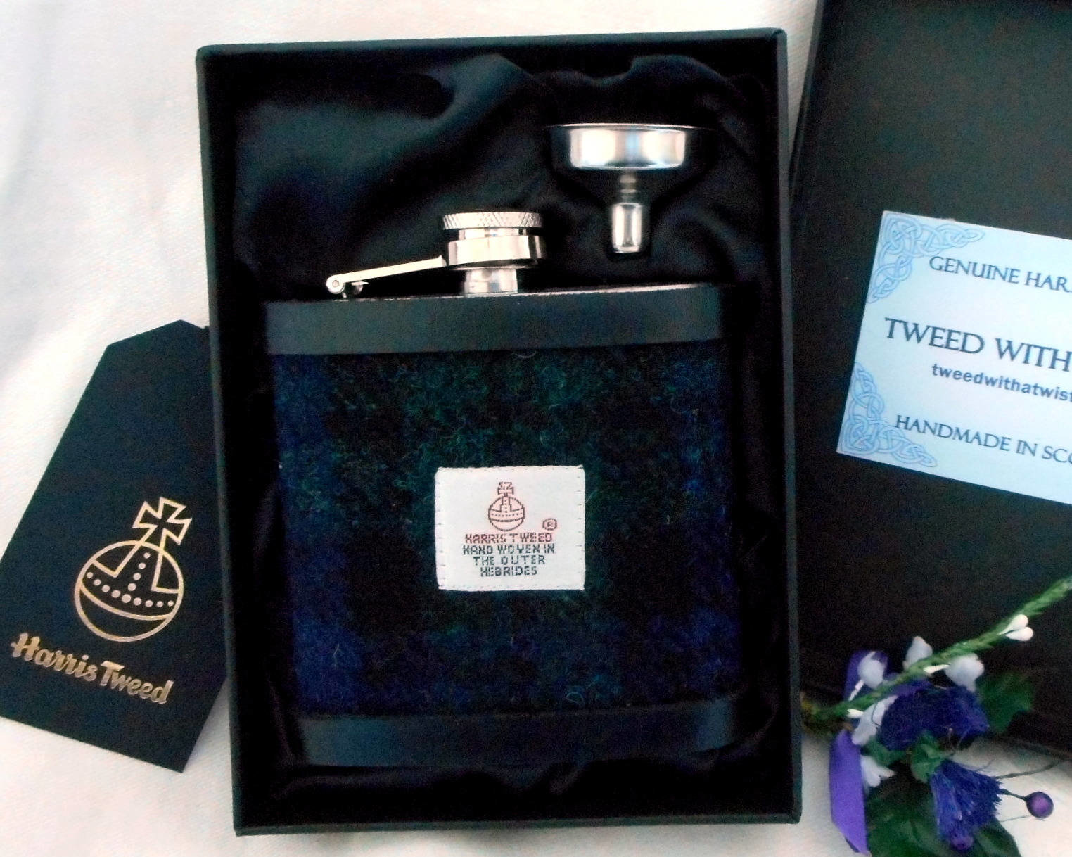 Harris Tweed hip flask in Black Watch Tartan , dark green and blue,  made in scotland  by Tweed with a Twist, an ideal retirement gift ,  best man , groomsman or birthday present