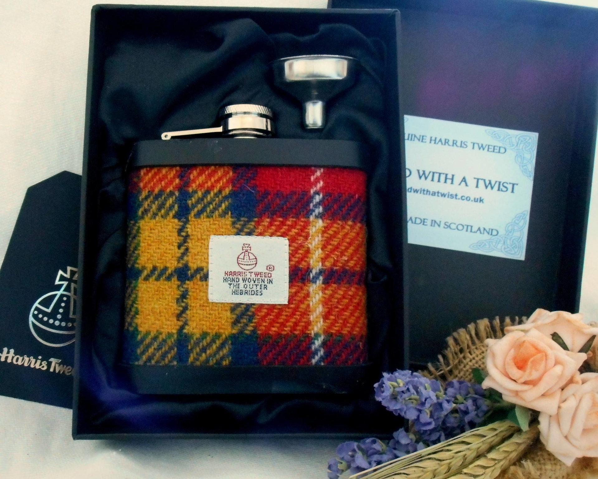 Buchanan-tartan-gift-harris-tweed-hip-flask-made-in-scotland