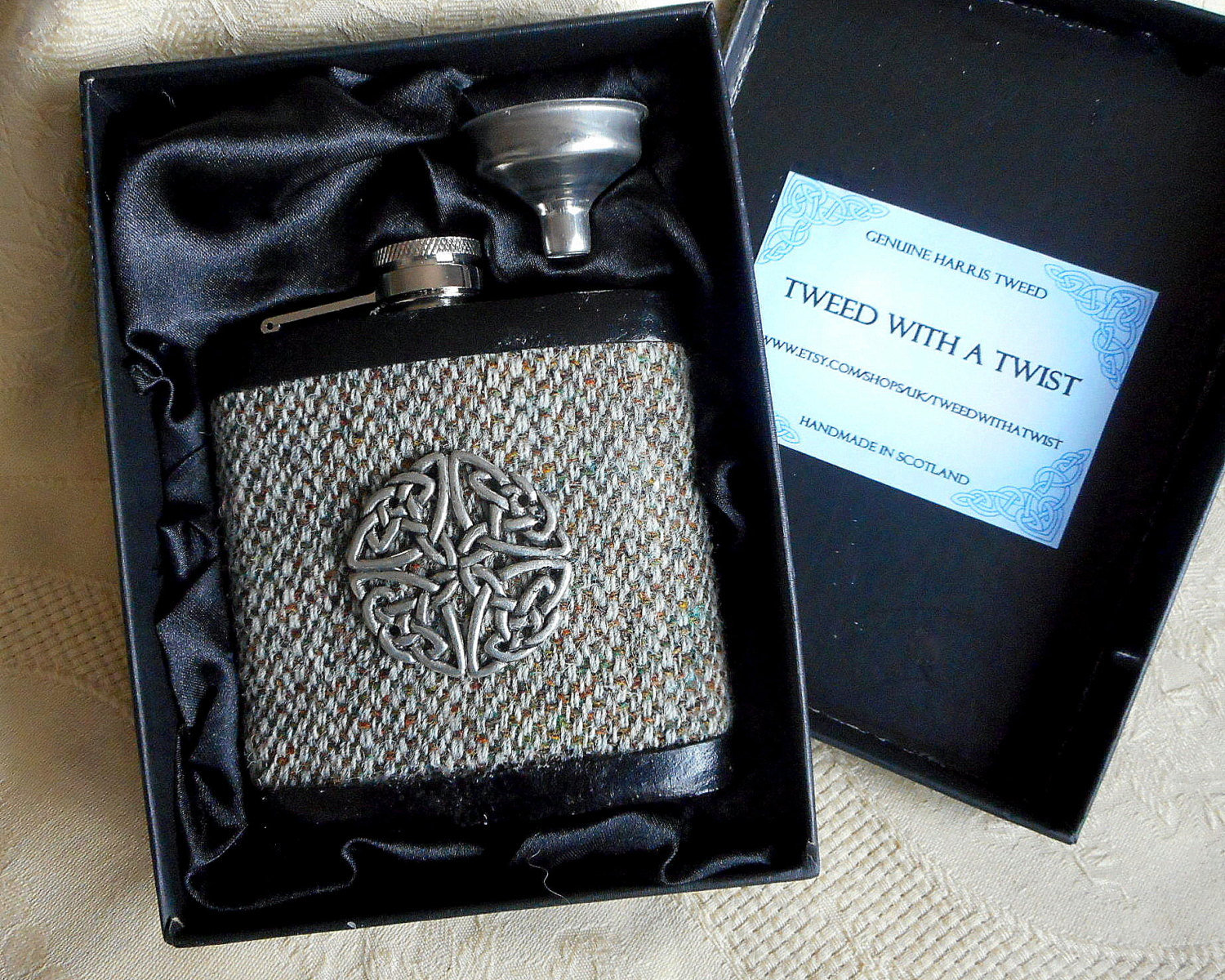 Harris Tweed hip flask oatmeal barley twist weave, with Celtic knot shield, ideal for retirement,  best man , usher or groomsman,  birthday or Christmas Scottish gift made in Scotland  UK