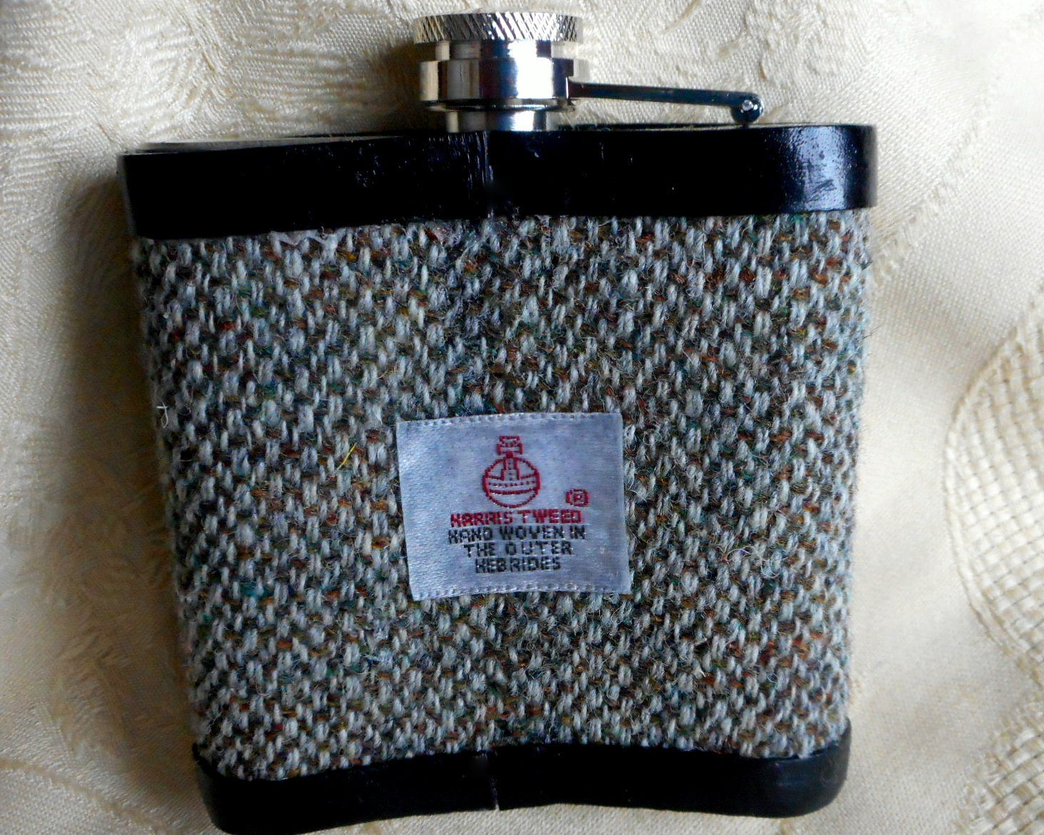 Harris Tweed hip flask oatmeal barley twist weave, with Celtic knot shield, ideal for retirement,  best man , usher or groomsman,  birthday or Christmas Scottish gift made in Scotland  UK