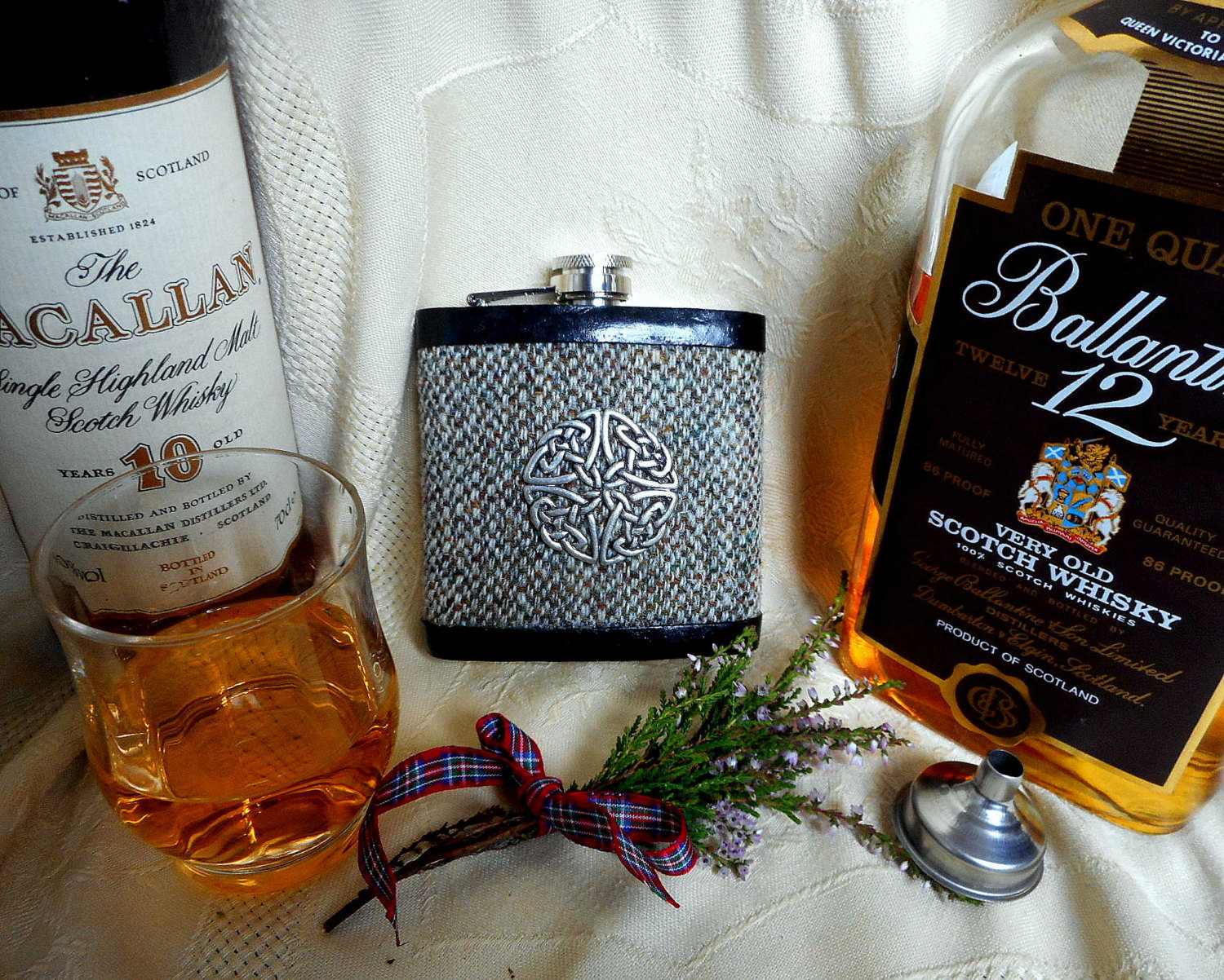 Harris Tweed hip flask oatmeal barley twist weave, with Celtic knot shield, ideal for retirement,  best man , usher or groomsman,  birthday or Christmas Scottish gift made in Scotland  UK