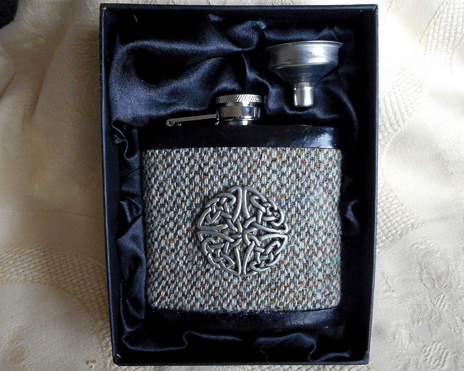 Harris Tweed hip flask oatmeal barley twist weave, with Celtic knot shield, ideal for retirement,  best man , usher or groomsman,  birthday or Christmas Scottish gift made in Scotland  UK