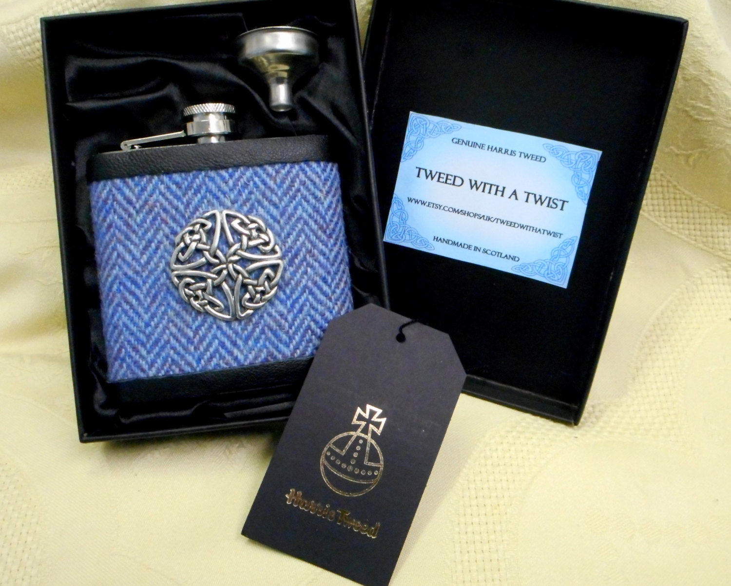 Celtic Knot Hip flask in blue Harris Tweed herringbone,  mens gift for retirement, christmas , birthday or weddings,  made in Scotland