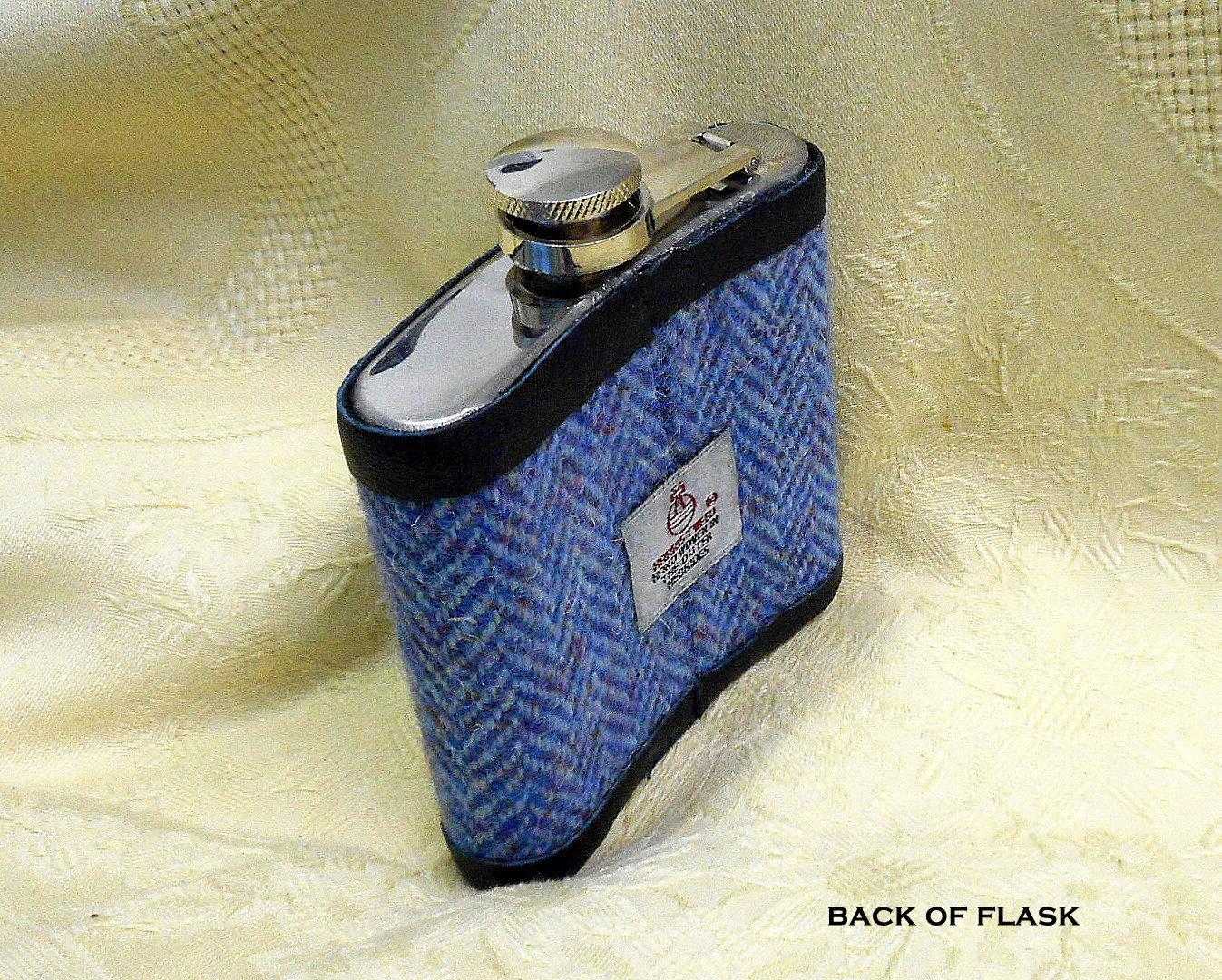 Celtic Knot Hip flask in blue Harris Tweed herringbone,  mens gift for retirement, christmas , birthday or weddings,  made in Scotland