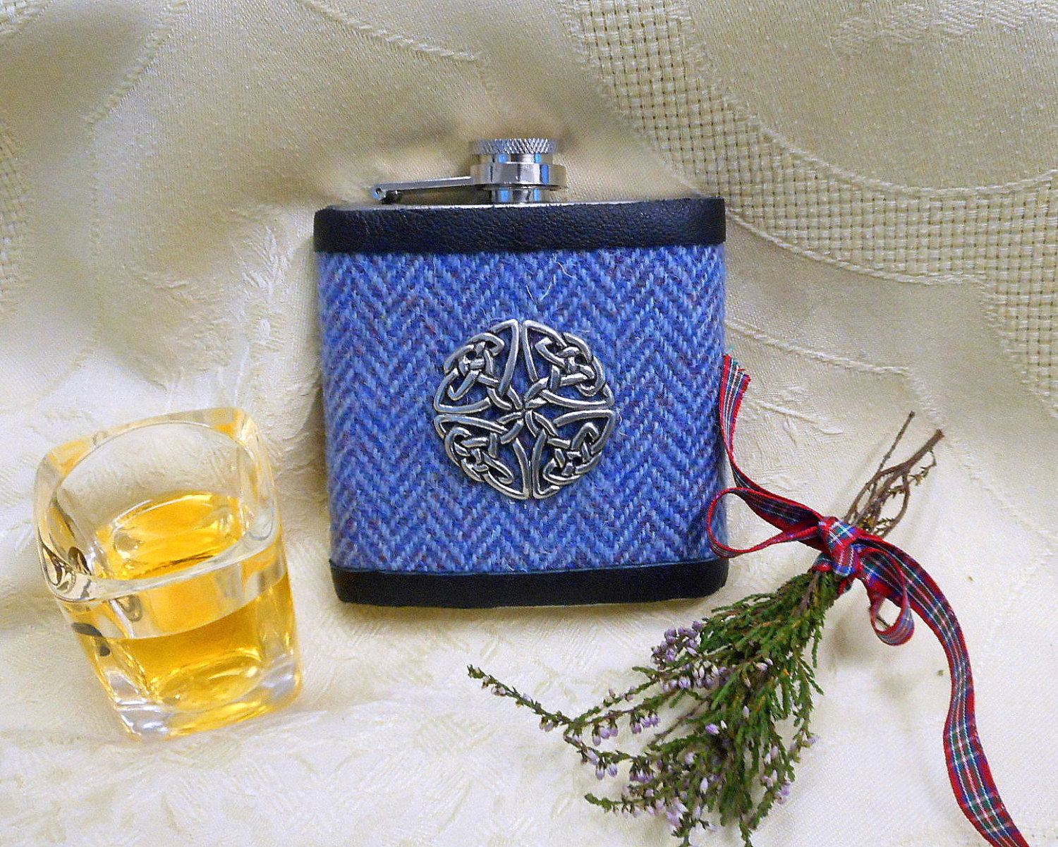Celtic Knot Hip flask in blue Harris Tweed herringbone,  mens gift for retirement, christmas , birthday or weddings,  made in Scotland