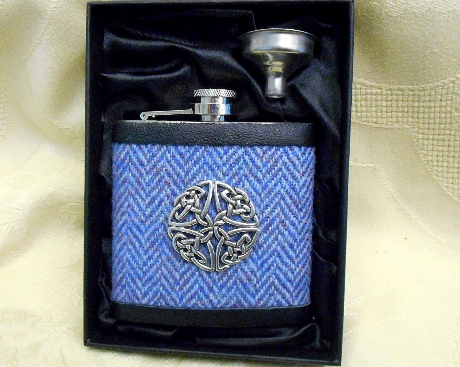 Celtic Knot Hip flask in blue Harris Tweed herringbone,  mens gift for retirement, christmas , birthday or weddings,  made in Scotland