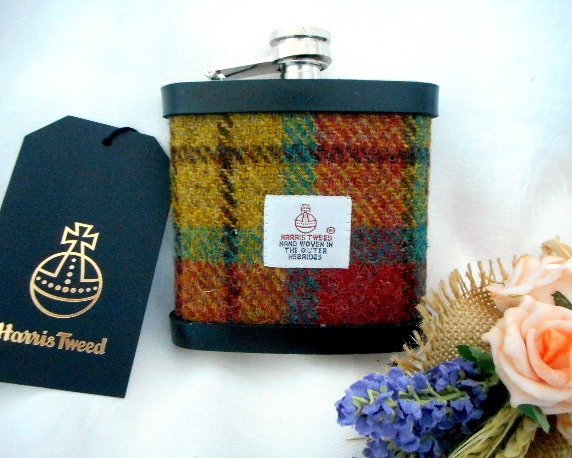 Harris-tweed-hip-flask-yellow-green-red-tartan-plaid