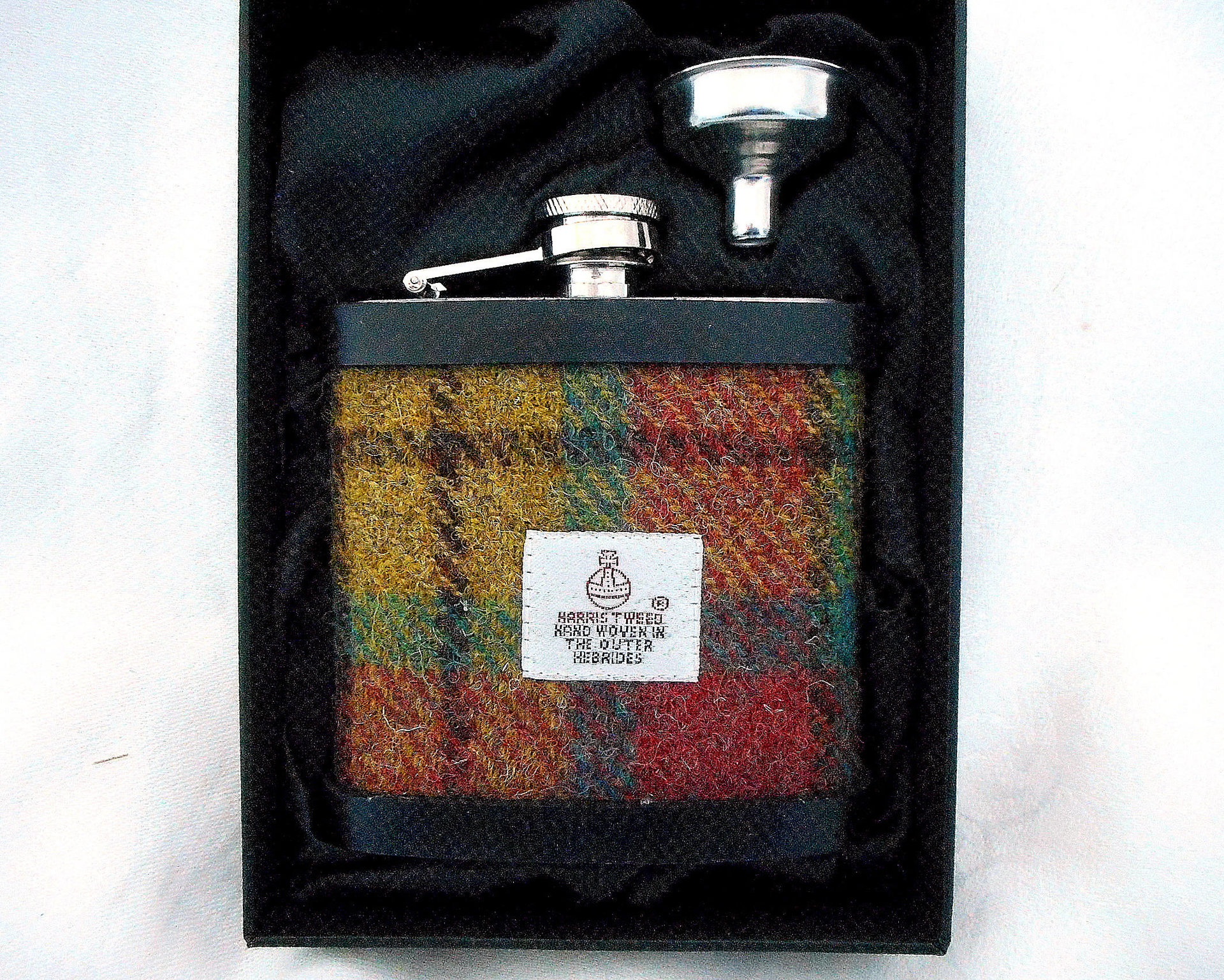 Harris Tweed hip flask Ancient weathered Buchanan colours, yellow green and rose red plaid  made in scotland