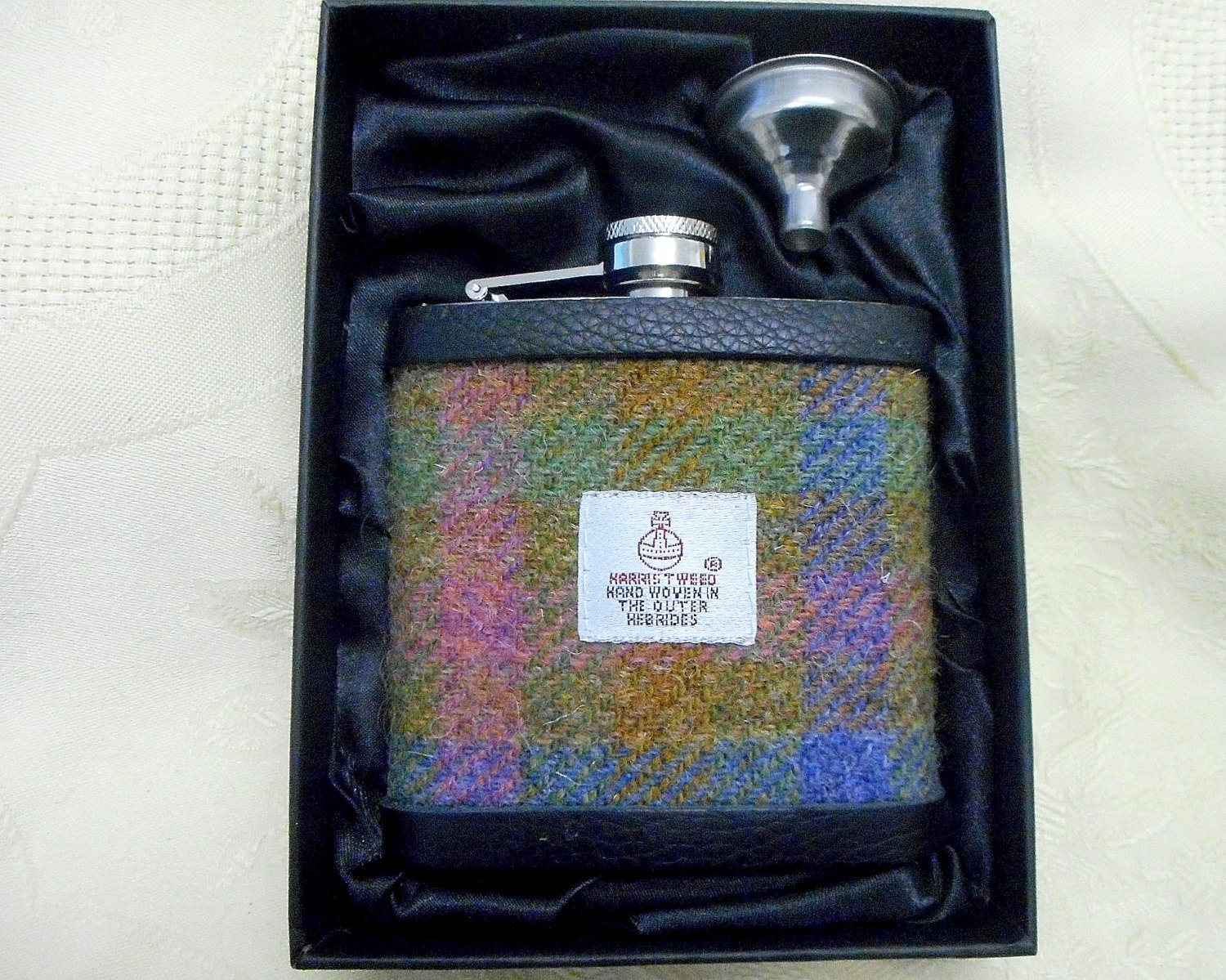 Harris Tweed hip flask blue pink green  with real leather trim made in Scotland  UK
